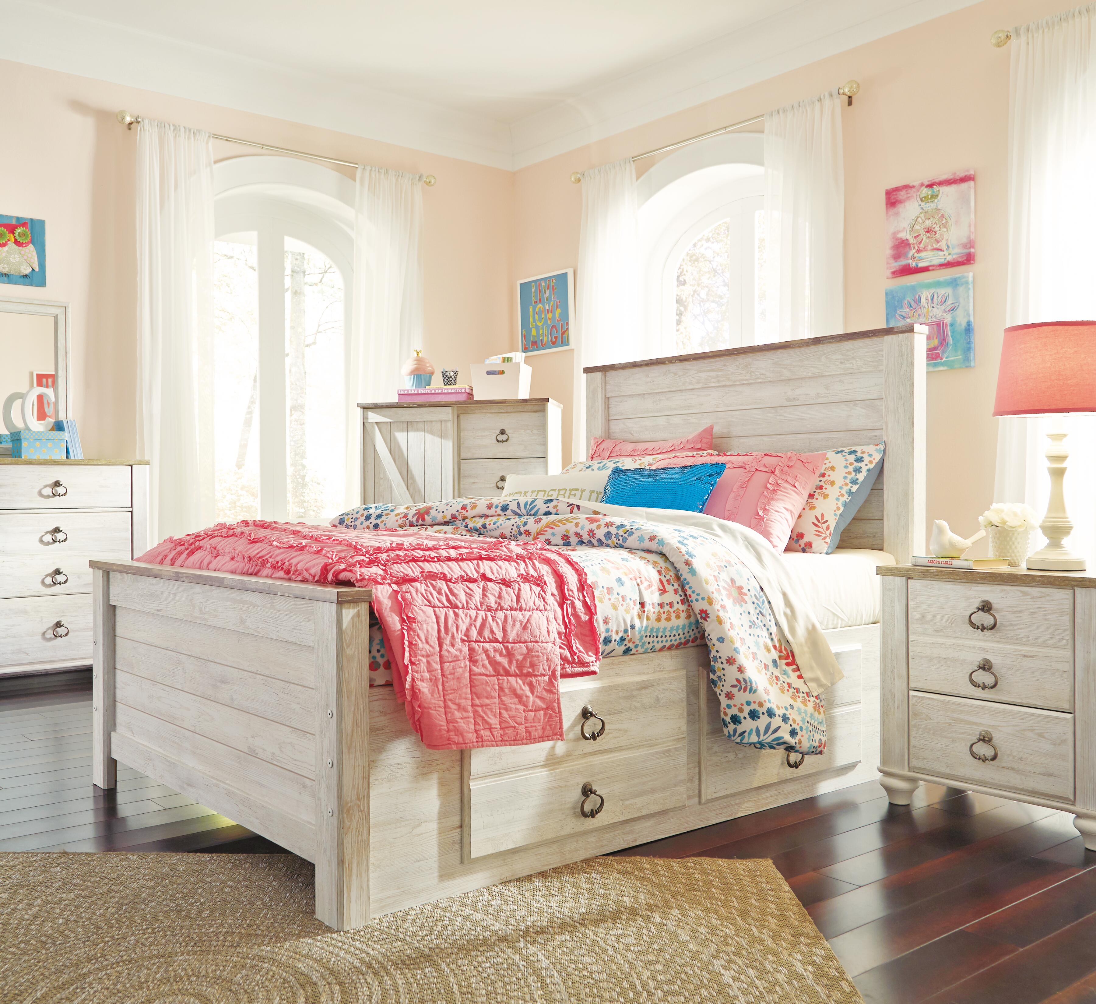 Willowton Full Panel Bed with 2 Storage Drawers, Whitewash, large