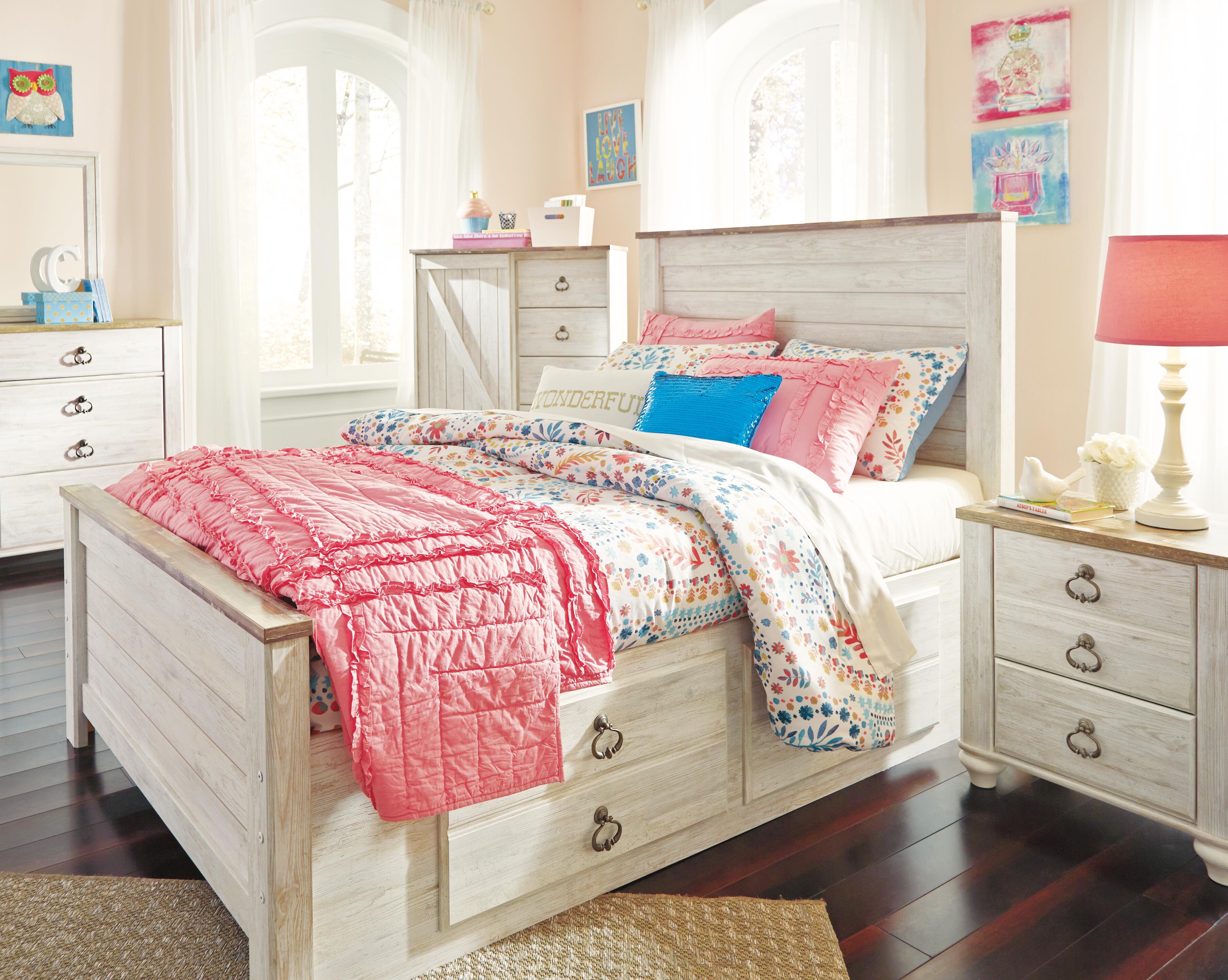 Willowton Full Panel Bed with 2 Storage Drawers, Whitewash, large
