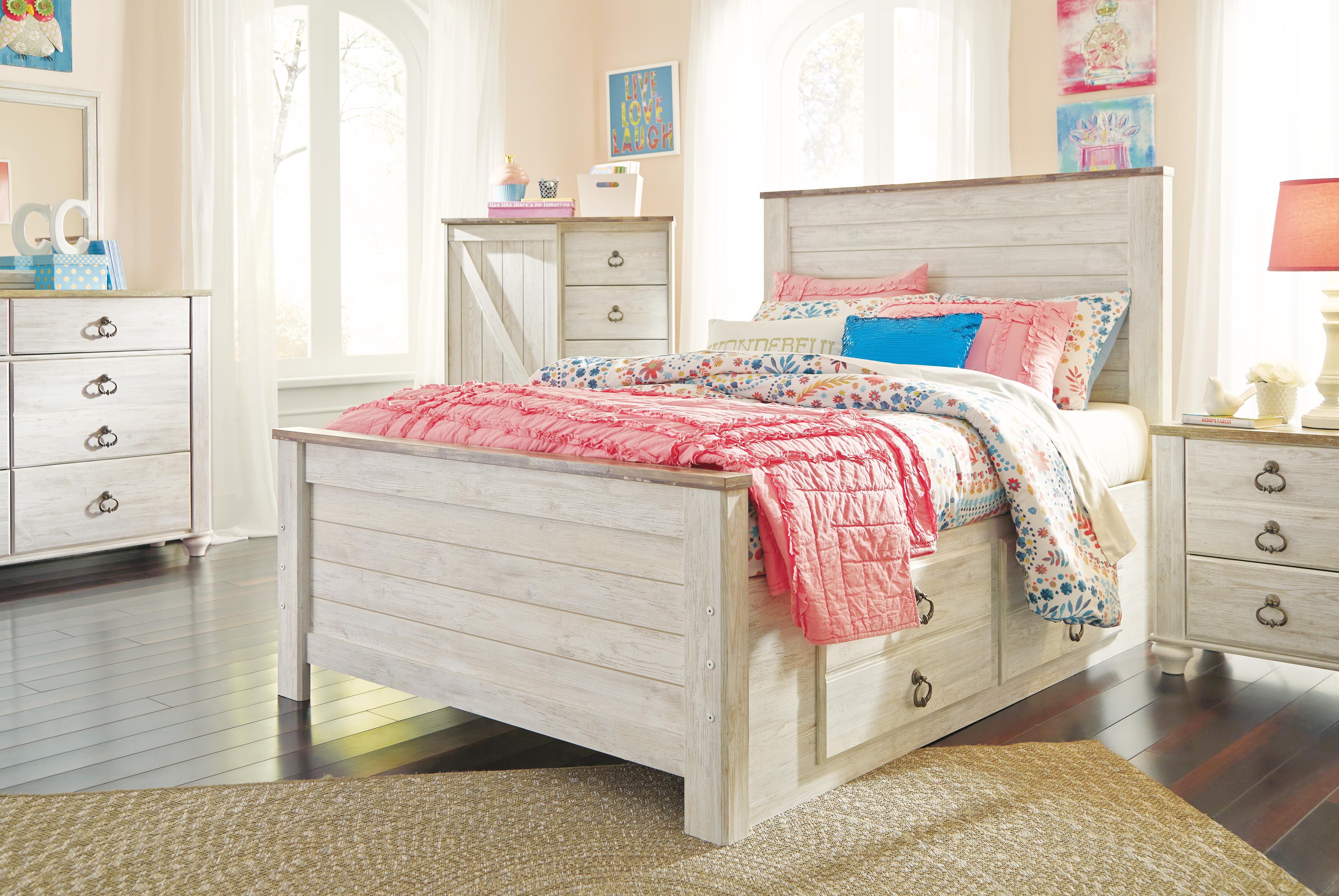 Willowton Full Panel Bed with 2 Storage Drawers, Whitewash, large