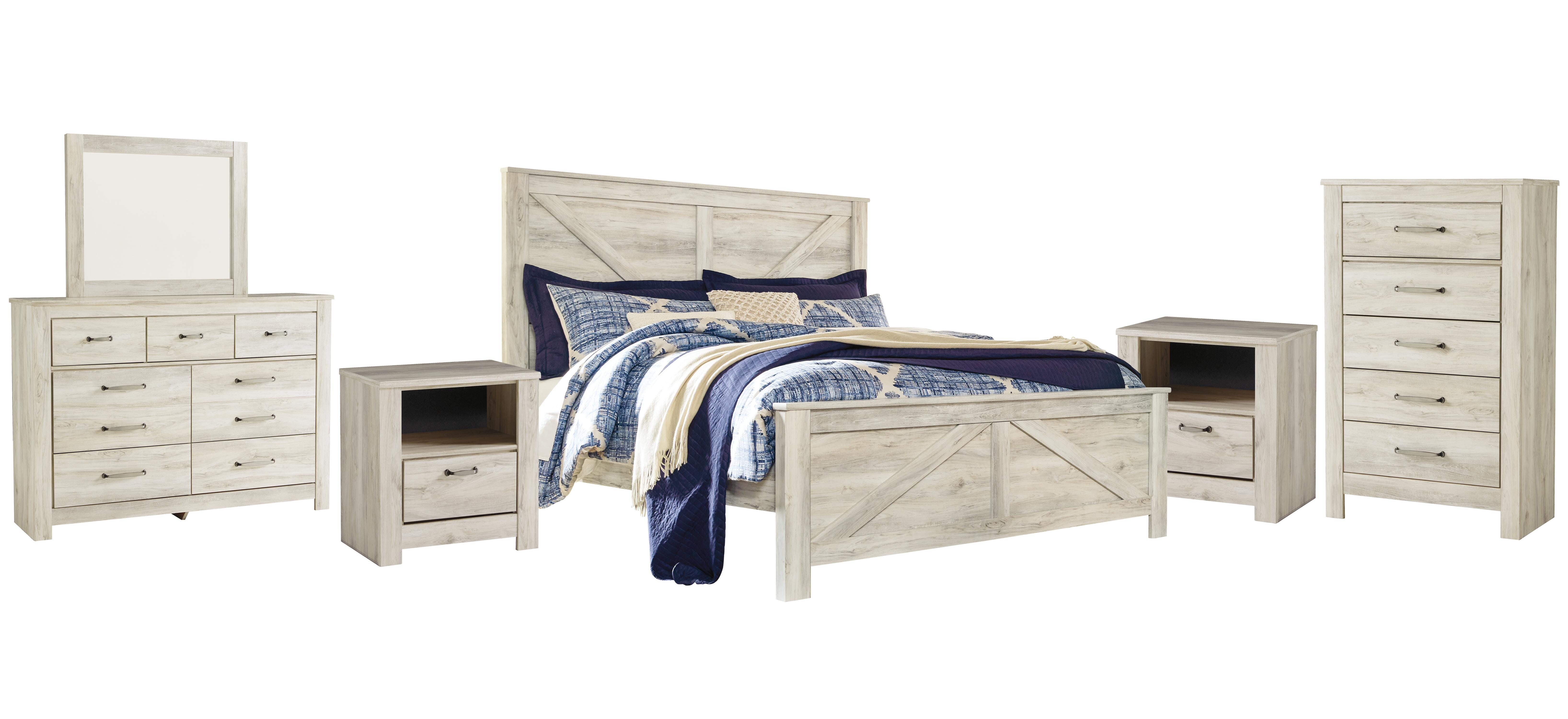 Bellaby King Crossbuck Panel Bed with Mirrored Dresser, Chest and 2 Nightstands, Whitewash, large