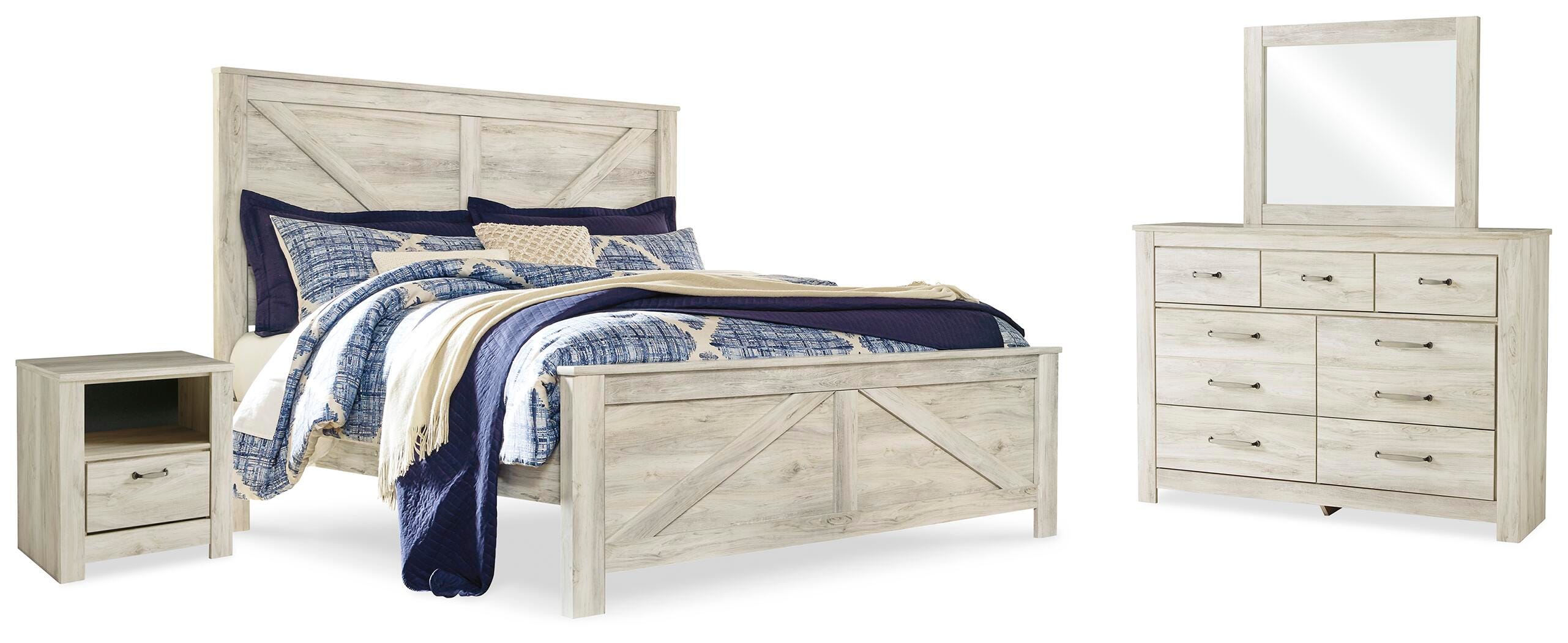 Cama con paneles Bellaby King Crossbuck, cómoda, espejo y mesita de noche - image 1