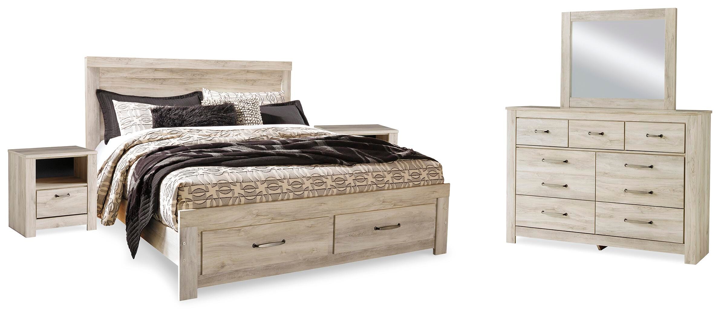 Cama con almacenamiento Bellaby King, tocador, espejo y 2 mesitas de noche - image 1