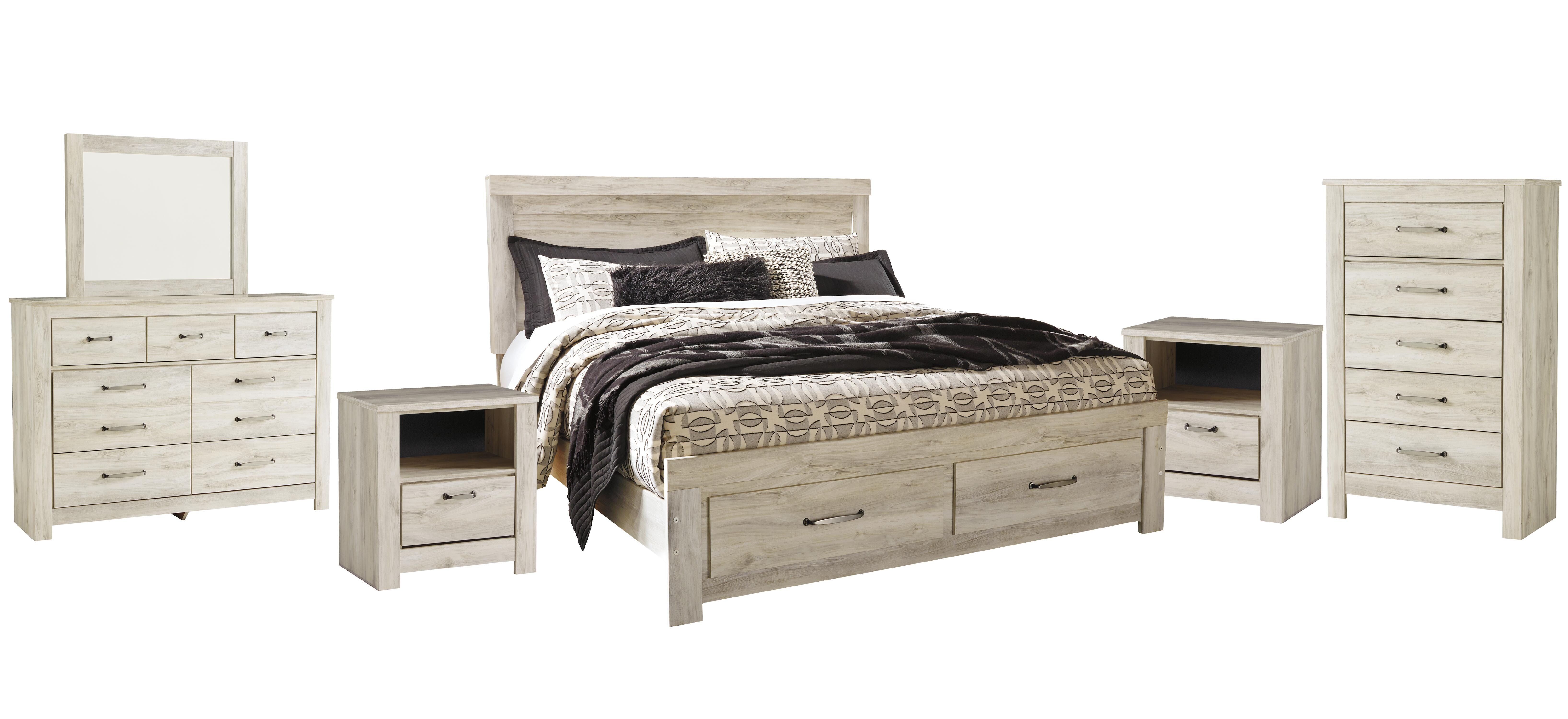 Bellaby King Platform Bed with 2 Storage Drawers Mirrored Dresser, Chest and Nightstands, Whitewash