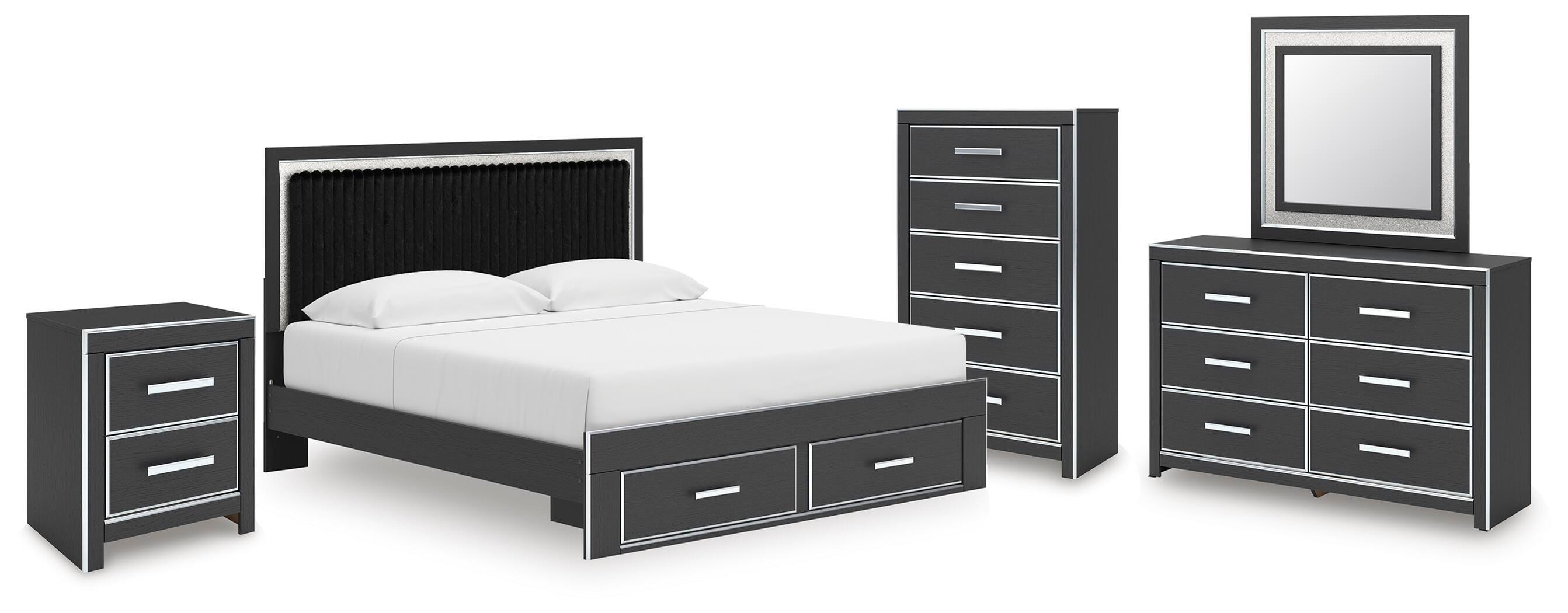 Cama King Birmonton con almacenaje, cómoda, espejo, chiffonier y mesita de noche - image 1