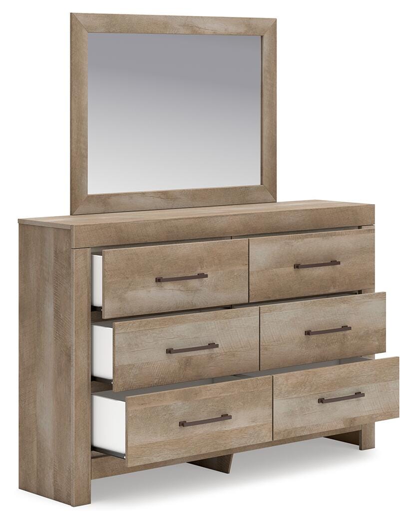 Gachester Queen Panel Bed with Mirrored Dresser and Nightstand, Tan, large