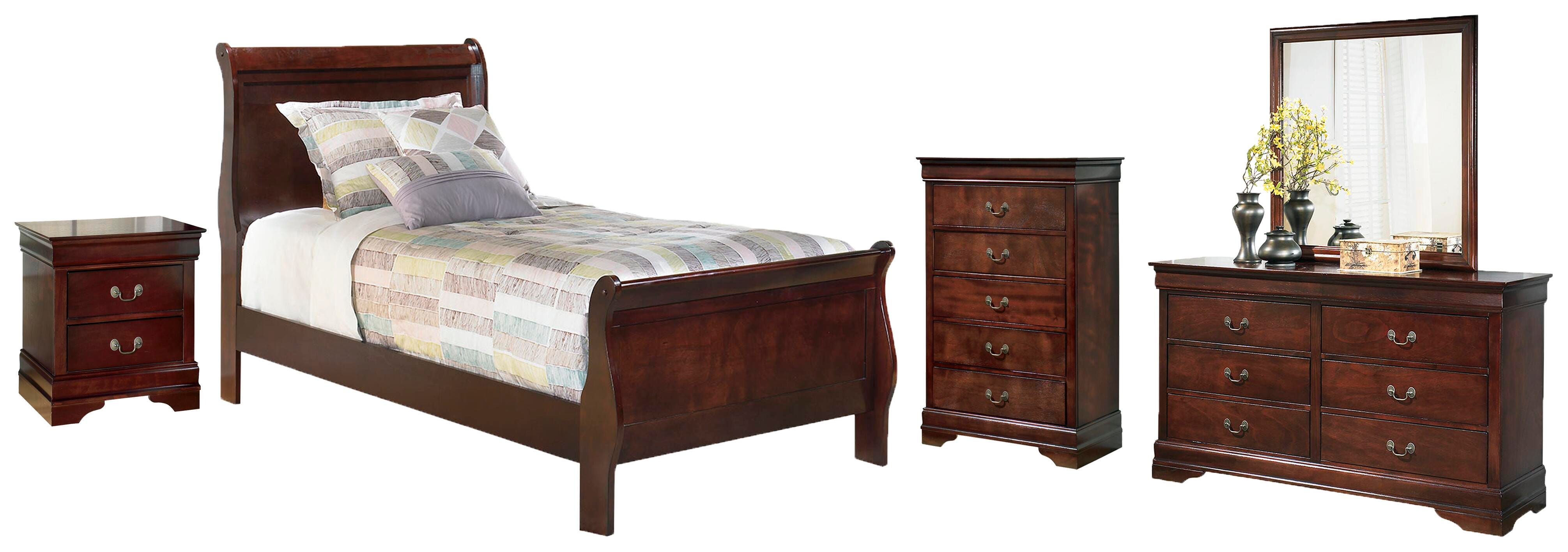 Alisdair Twin Sleigh Bed with Mirrored Dresser, Chest and Nightstand, Reddish Brown, large