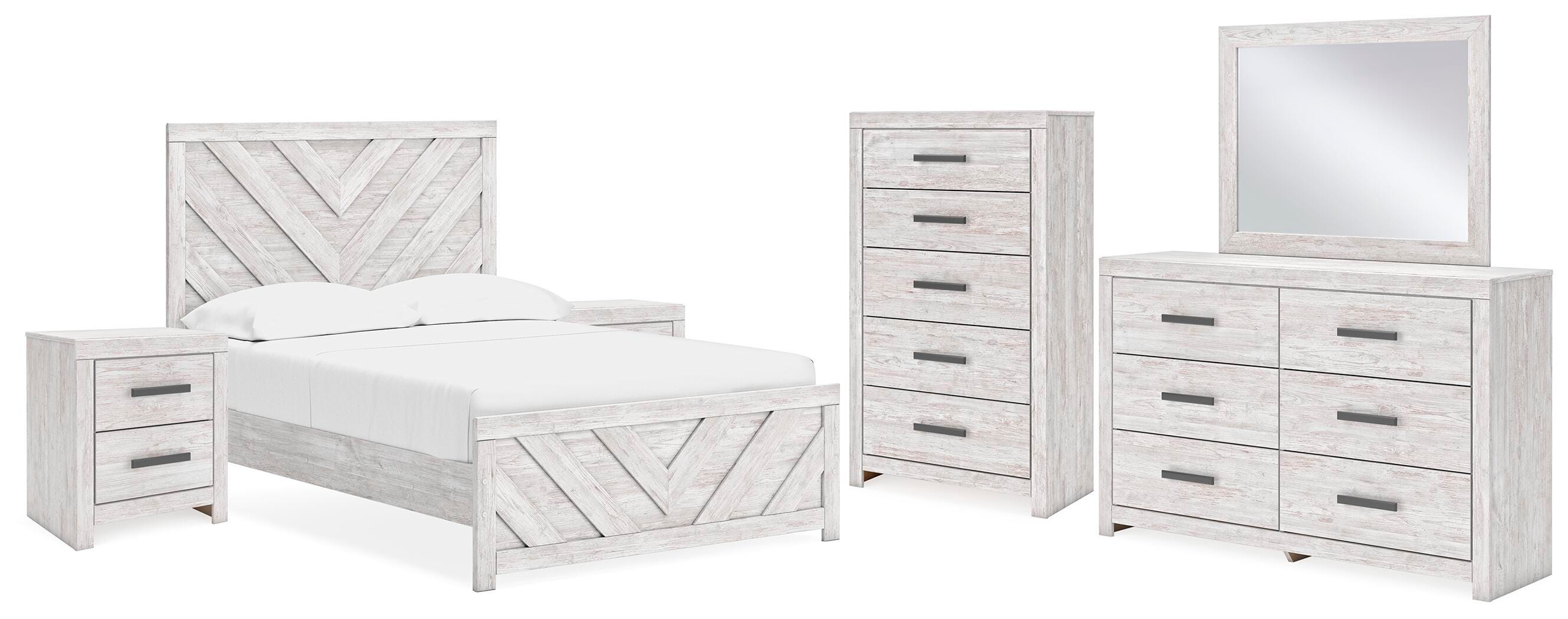 Cama con panel completo Cayboni, cómoda, espejo, chiffonier y 2 mesitas de noche - image 1