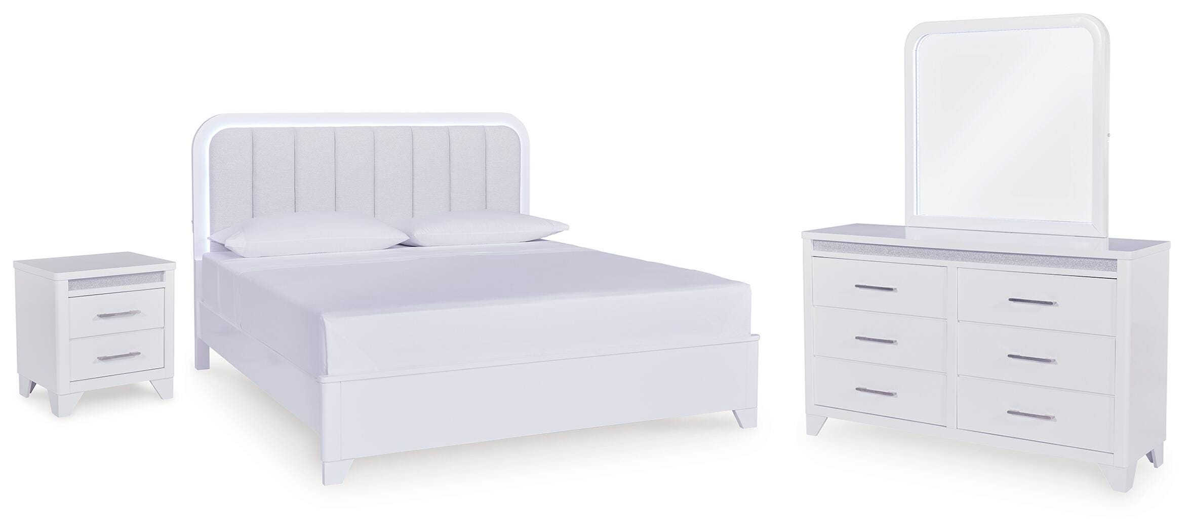 Cama con paneles, cómoda, espejo y mesita de noche Frostlyn King