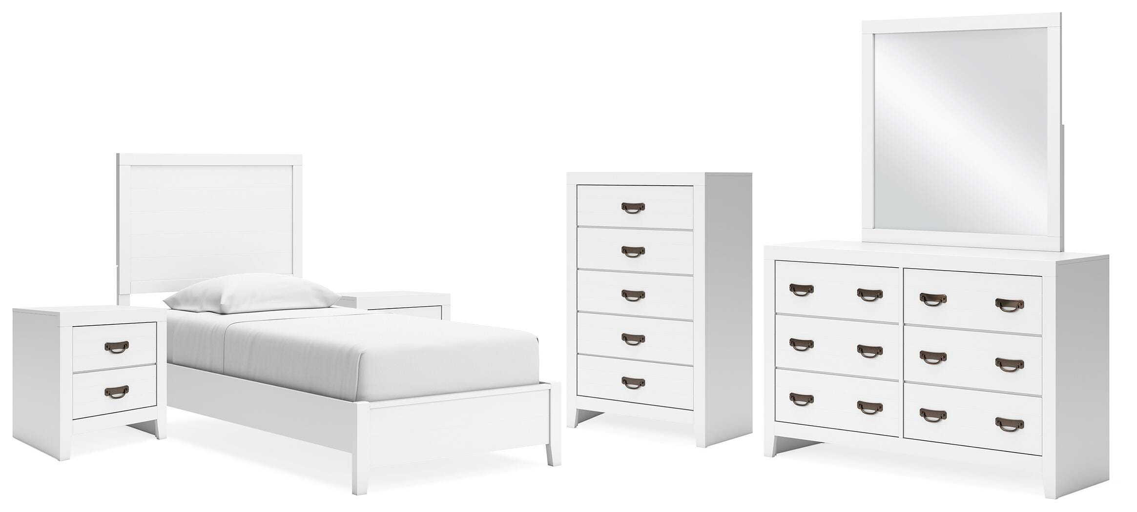 Binterglen Twin Panel Bed with Mirrored Dresser, Chest and 2 Nightstands, White, large