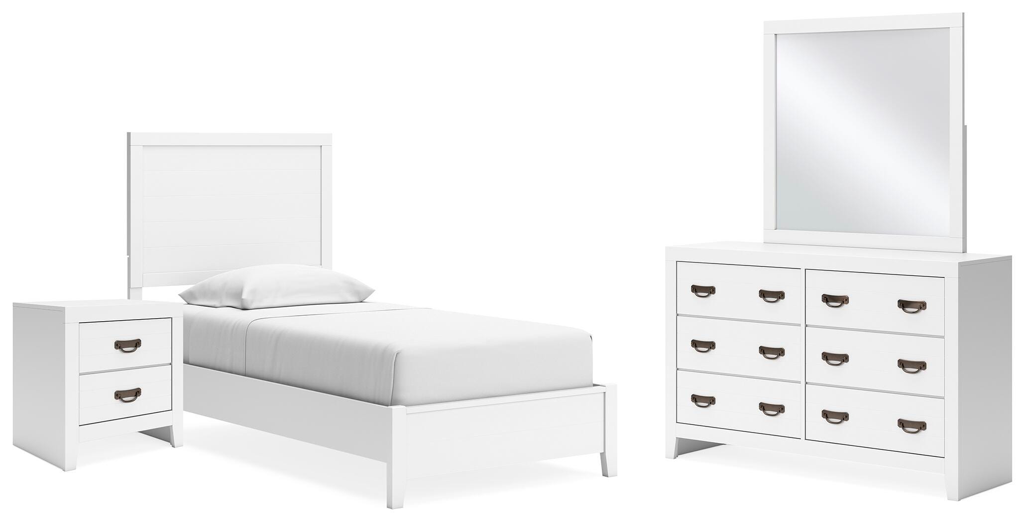Binterglen Twin Panel Bed with Mirrored Dresser and Nightstand, White, large