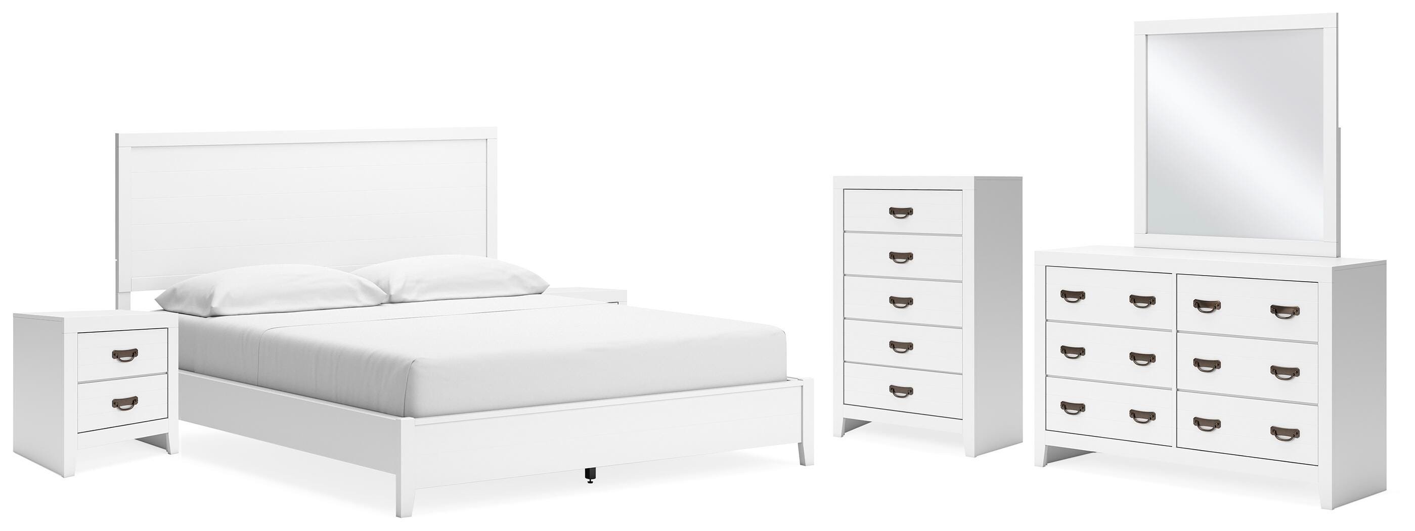 Binterglen California King Panel Bed with Mirrored Dresser, Chest and 2 Nightstands, White, large