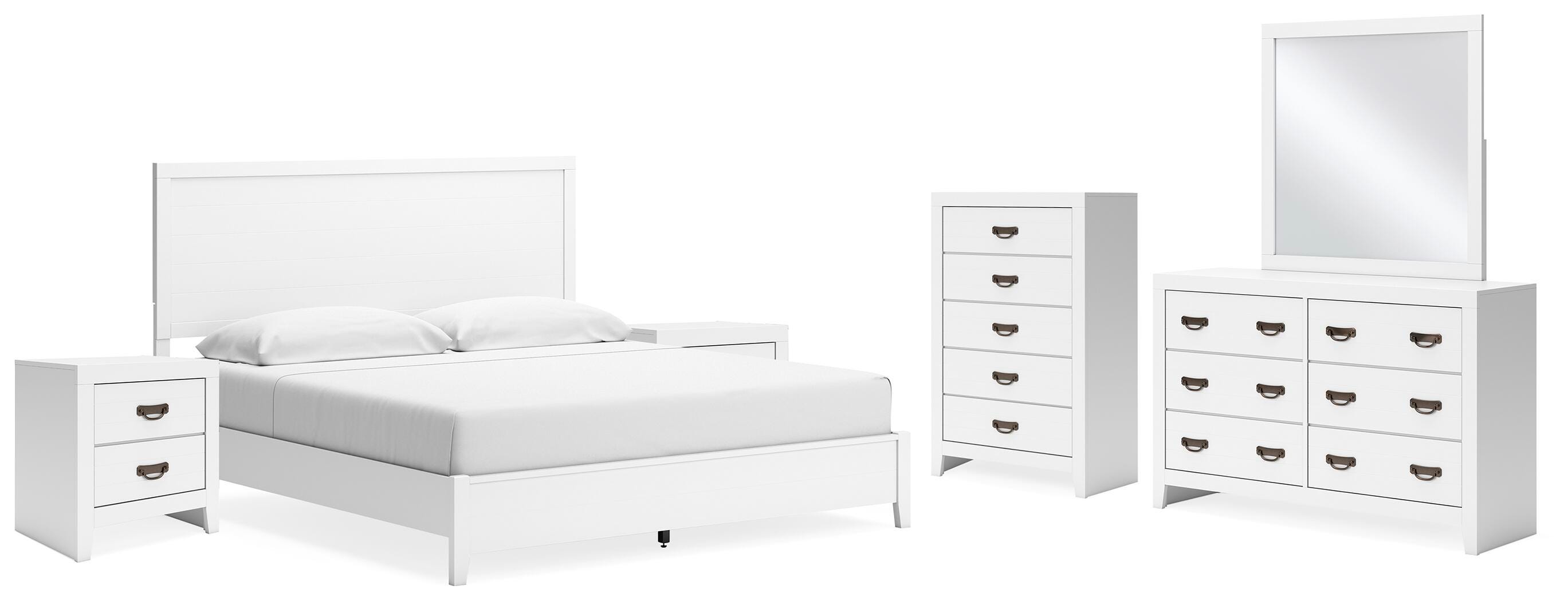Binterglen King Panel Bed with Mirrored Dresser, Chest and 2 Nightstands, White, large