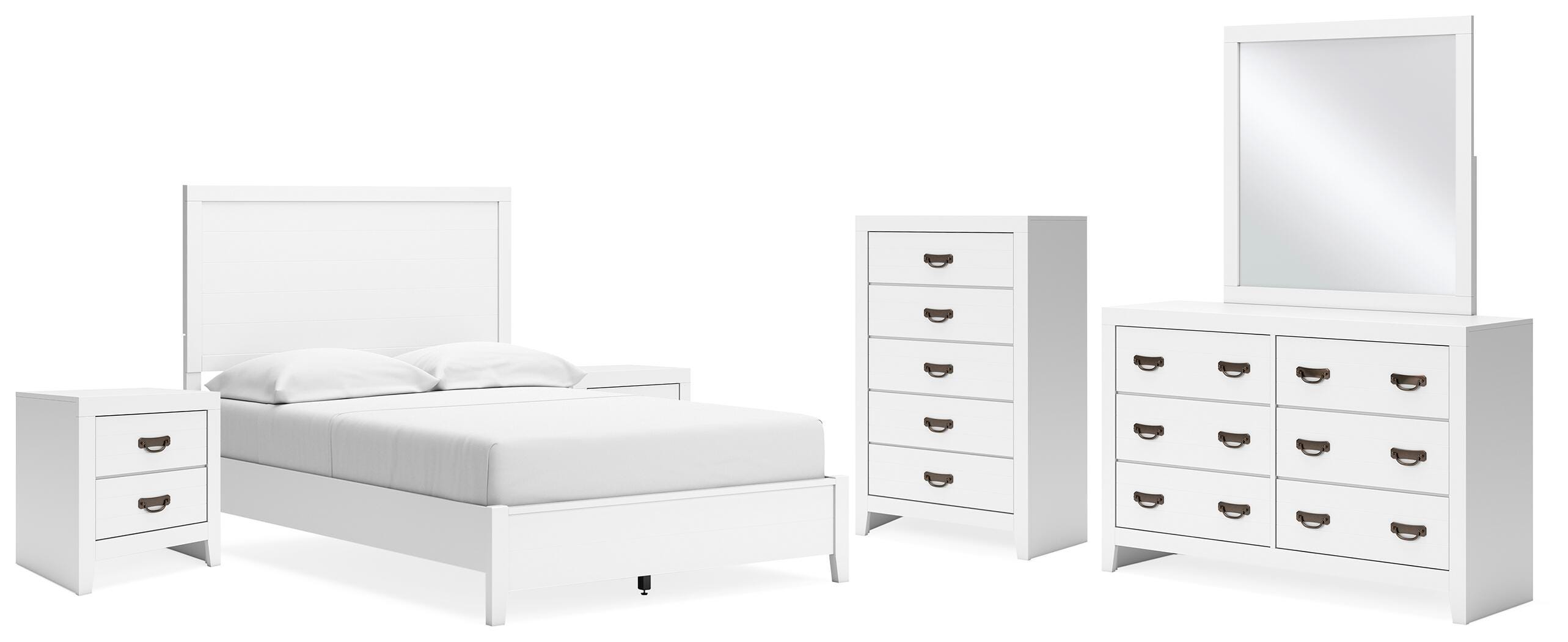 Binterglen Full Panel Bed with Mirrored Dresser, Chest and 2 Nightstands, White, large