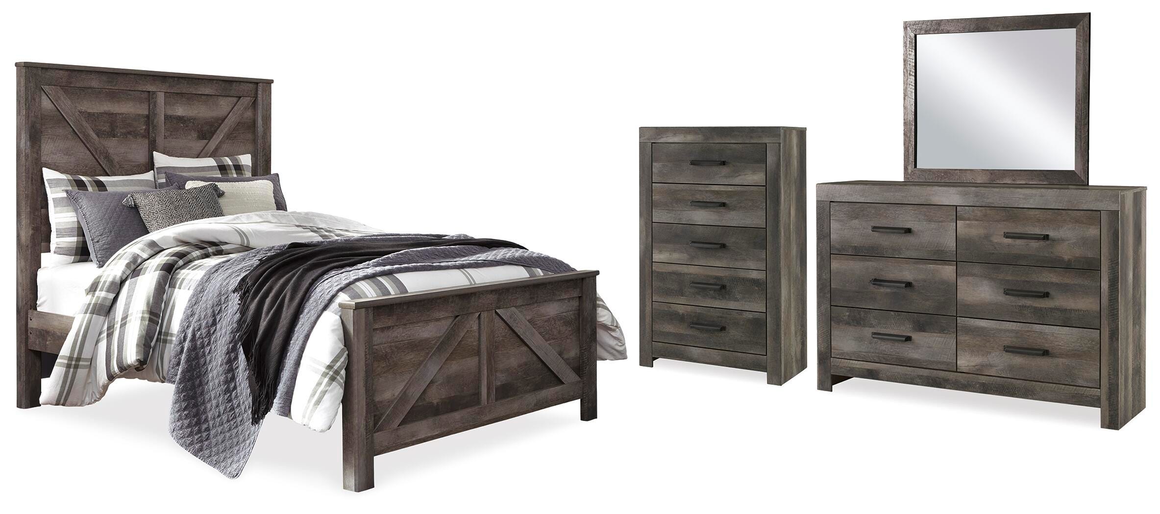 Wynnlow Queen Crossbuck Panel Bed with Mirrored Dresser and Chest, Gray, large