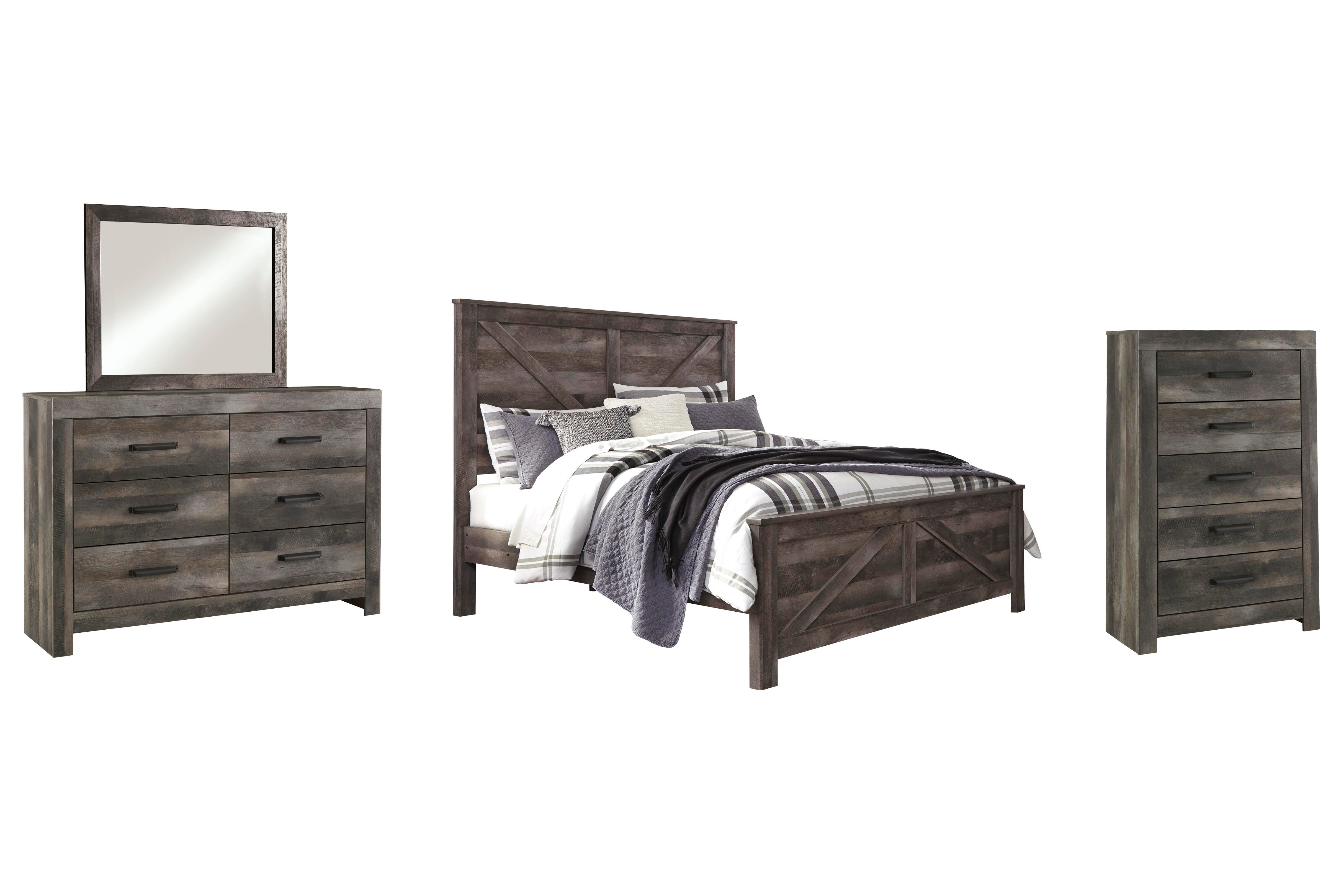 Wynnlow King Crossbuck Panel Bed with Mirrored Dresser and Chest, Gray, large