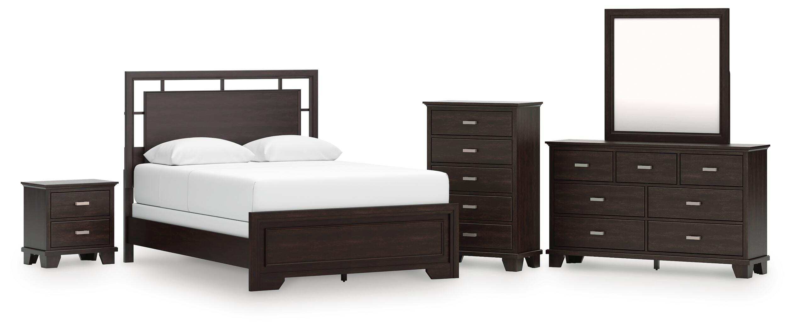 Cama de panel Queen, cómoda, espejo, cajonera y mesita de noche Covetown - image 1