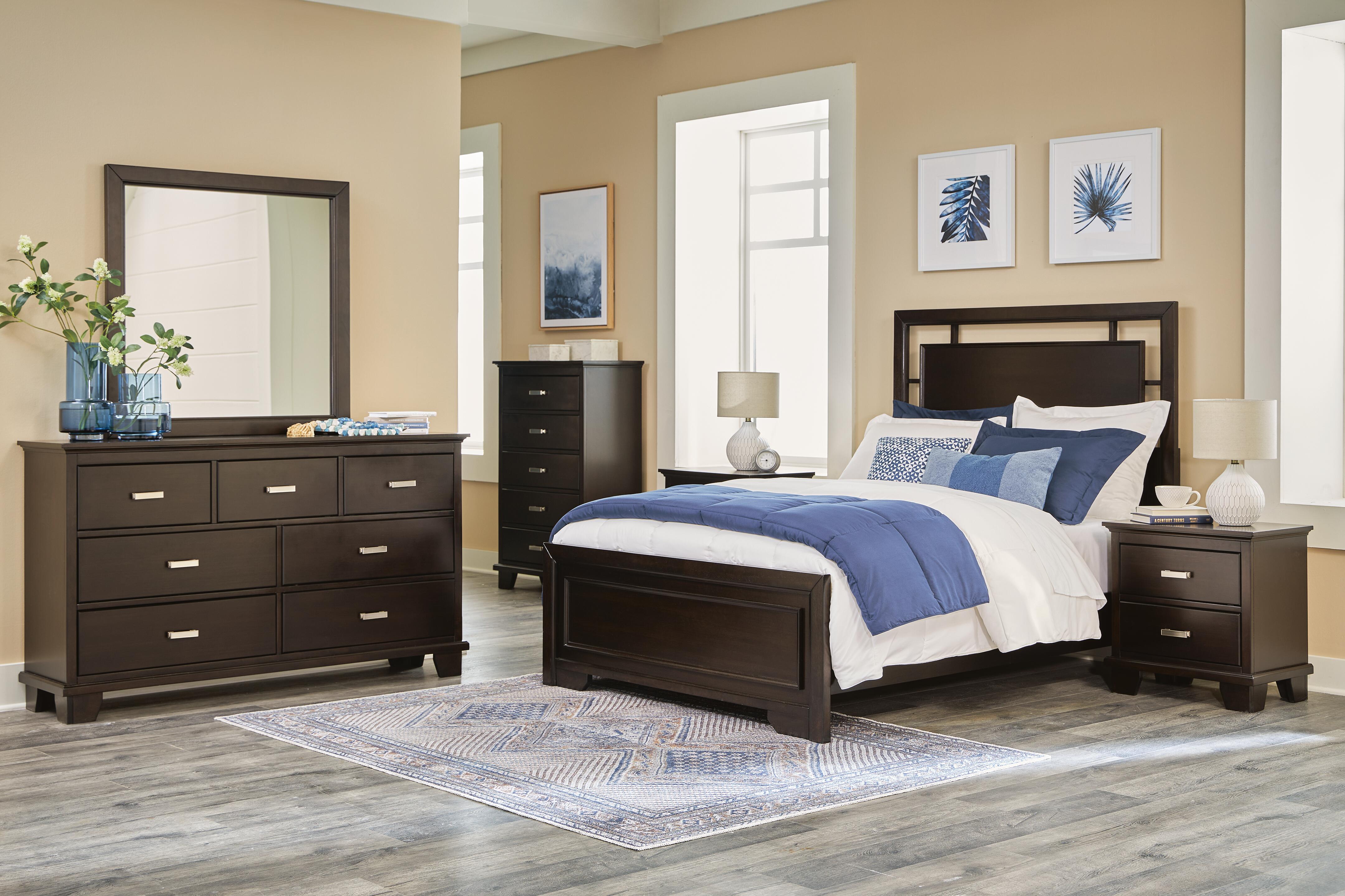 Covetown Full Panel Bed with Mirrored Dresser, Chest and 2 Nightstands, Dark Brown, large
