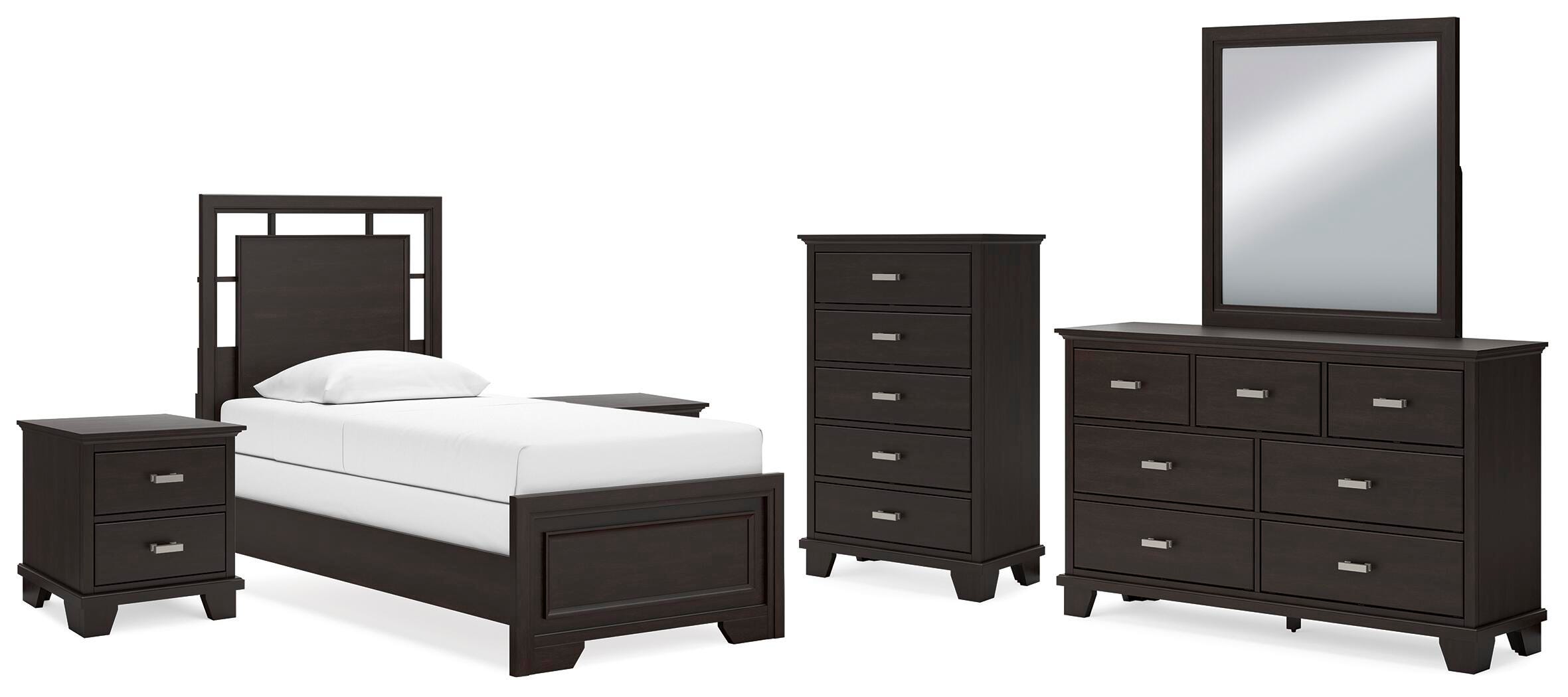 Covetown Twin Panel Bed with Mirrored Dresser, Chest and 2 Nightstands, Dark Brown, large