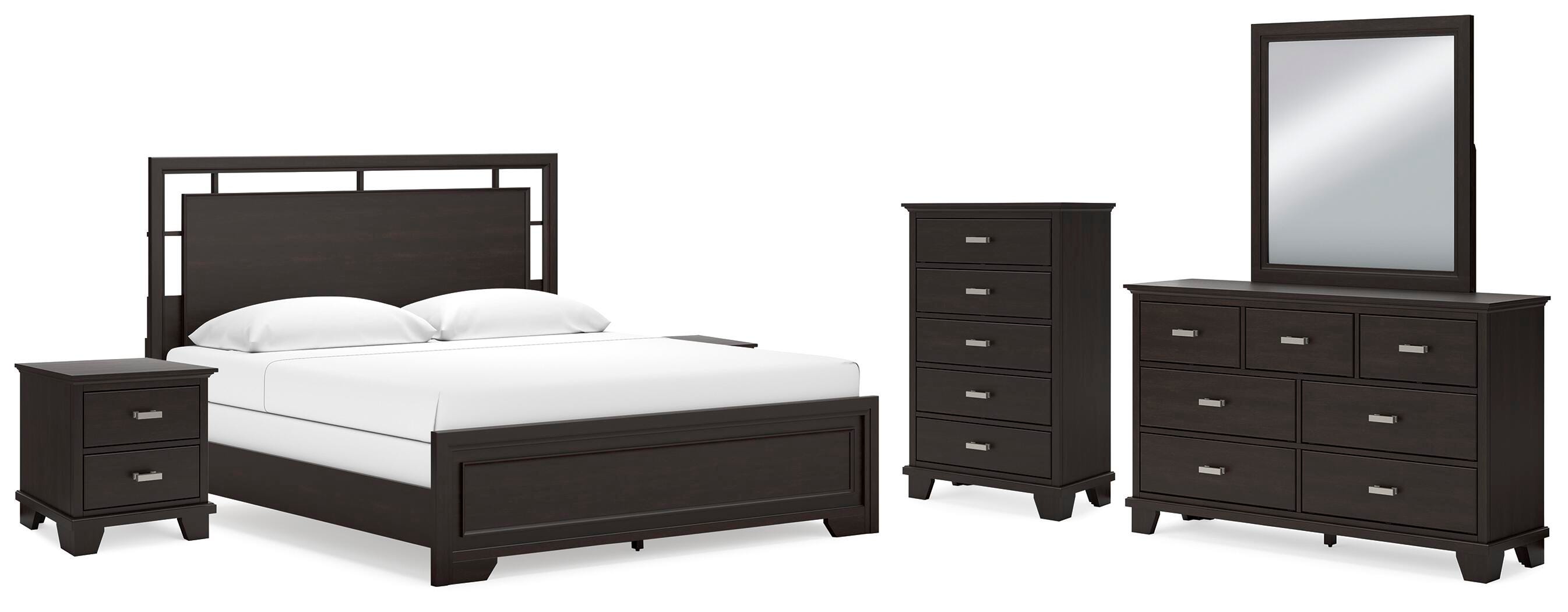 Covetown California King Panel Bed with Mirrored Dresser, Chest and 2 Nightstands, Dark Brown, large