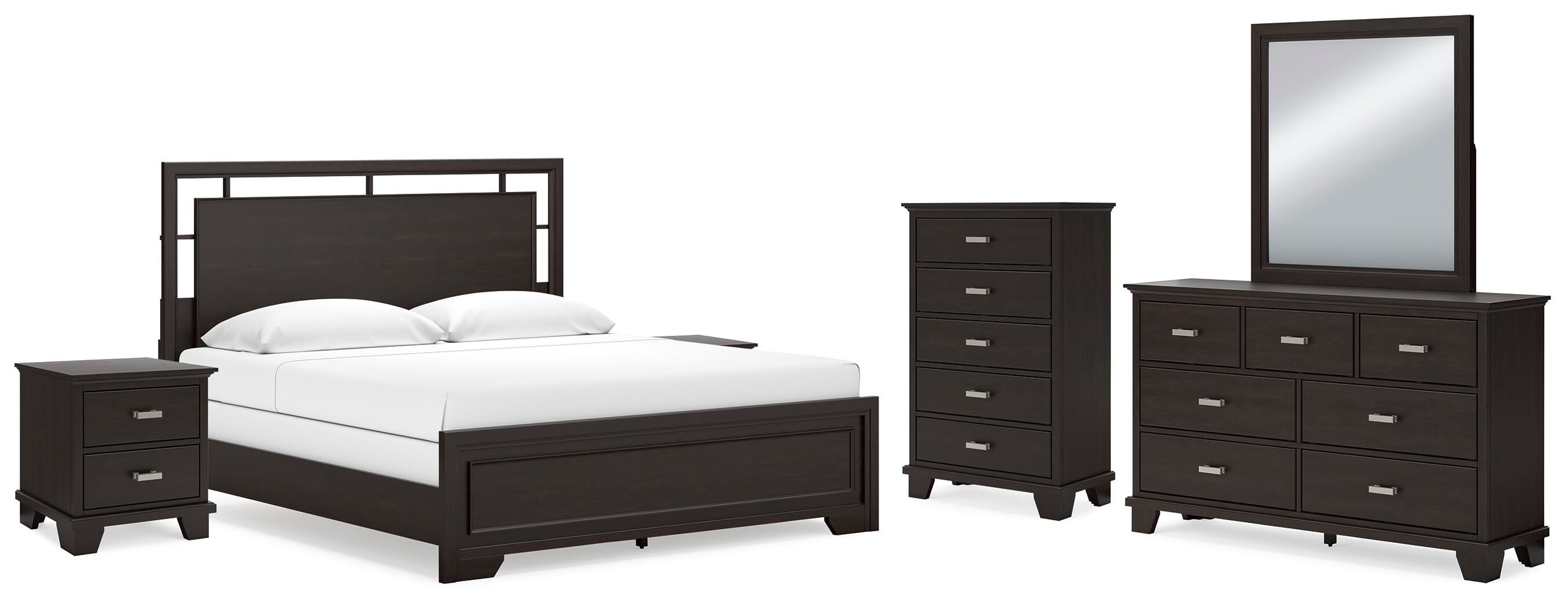 Covetown King Panel Bed with Mirrored Dresser, Chest and 2 Nightstands, Dark Brown, large