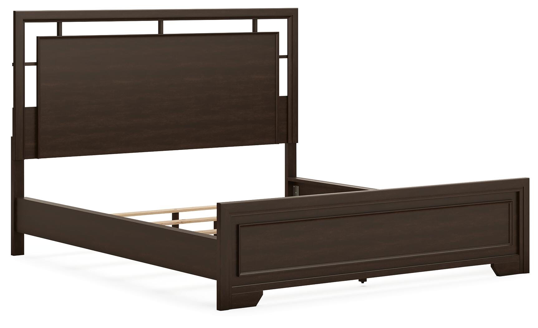Covetown California King Panel Bed with Mirrored Dresser, Dark Brown, large