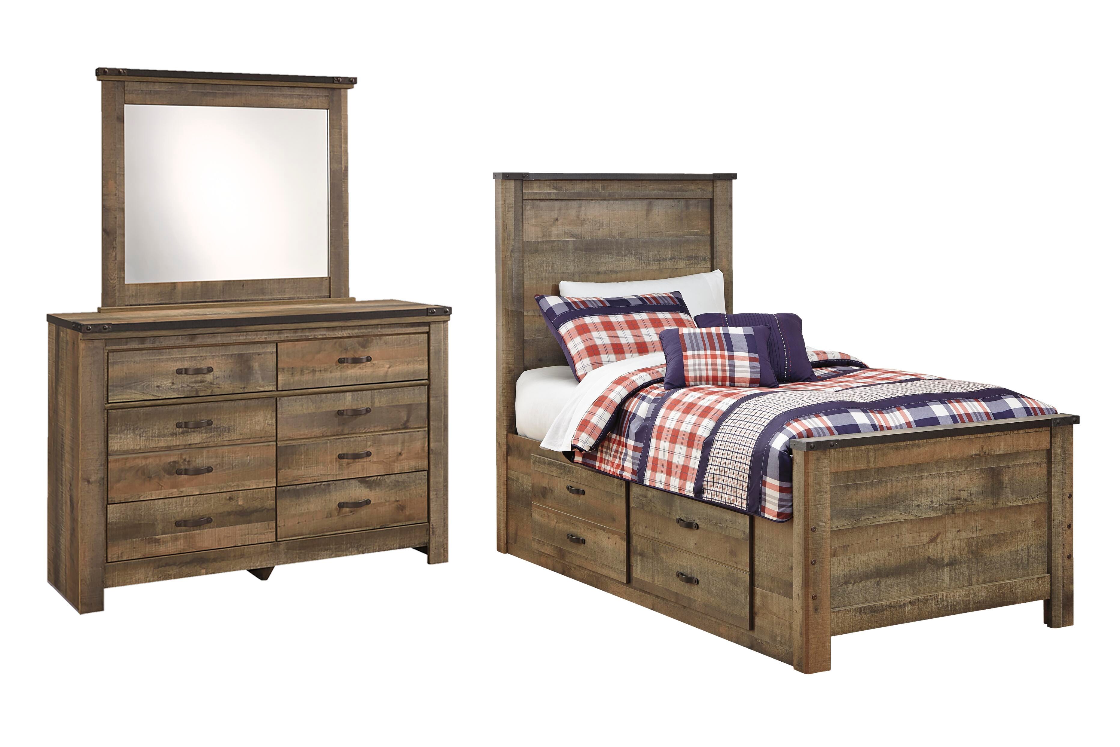 Trinell Twin Panel Bed with 2 Storage Drawers with Mirrored Dresser