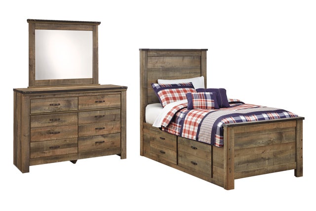 Trinell Twin Panel Bed with 2 Storage Drawers with Mirrored Dresser