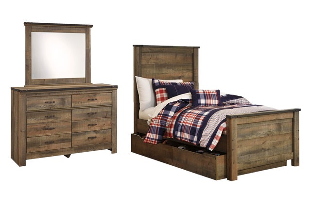 Trinell Twin Panel Bed with 1 Storage Drawer with Mirrored Dresser