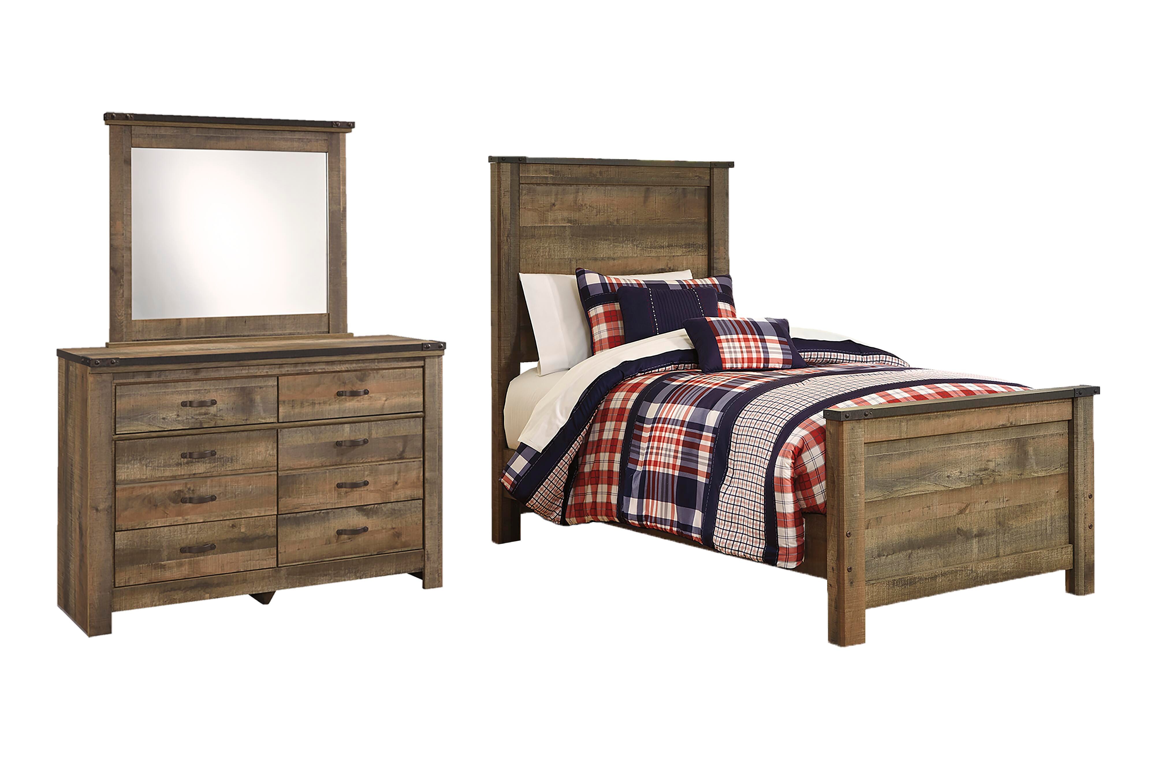 Trinell Twin Panel Bed with Mirrored Dresser, Brown, large