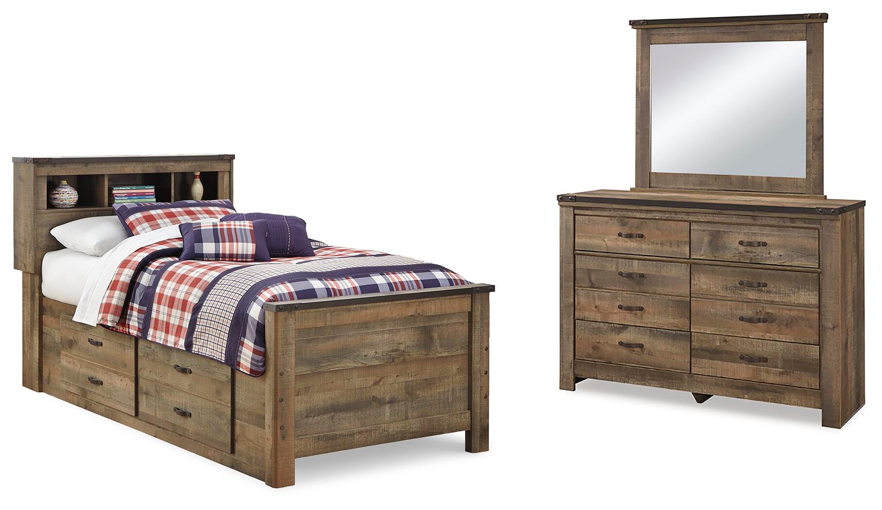Trinell Twin Bookcase Bed with 2 Storage Drawers with Mirrored Dresser