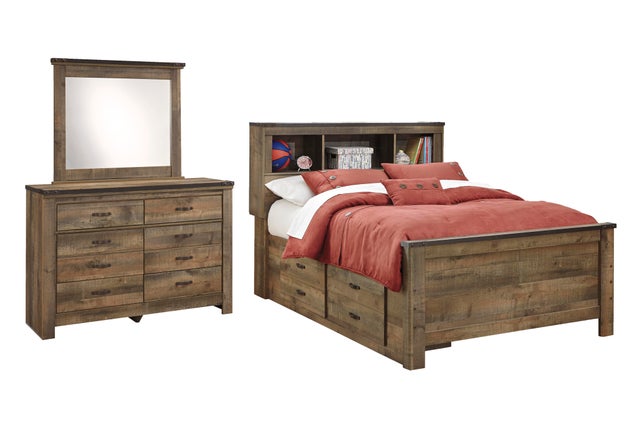 Trinell Full Panel Bed with 2 Storage Drawers with Mirrored Dresser