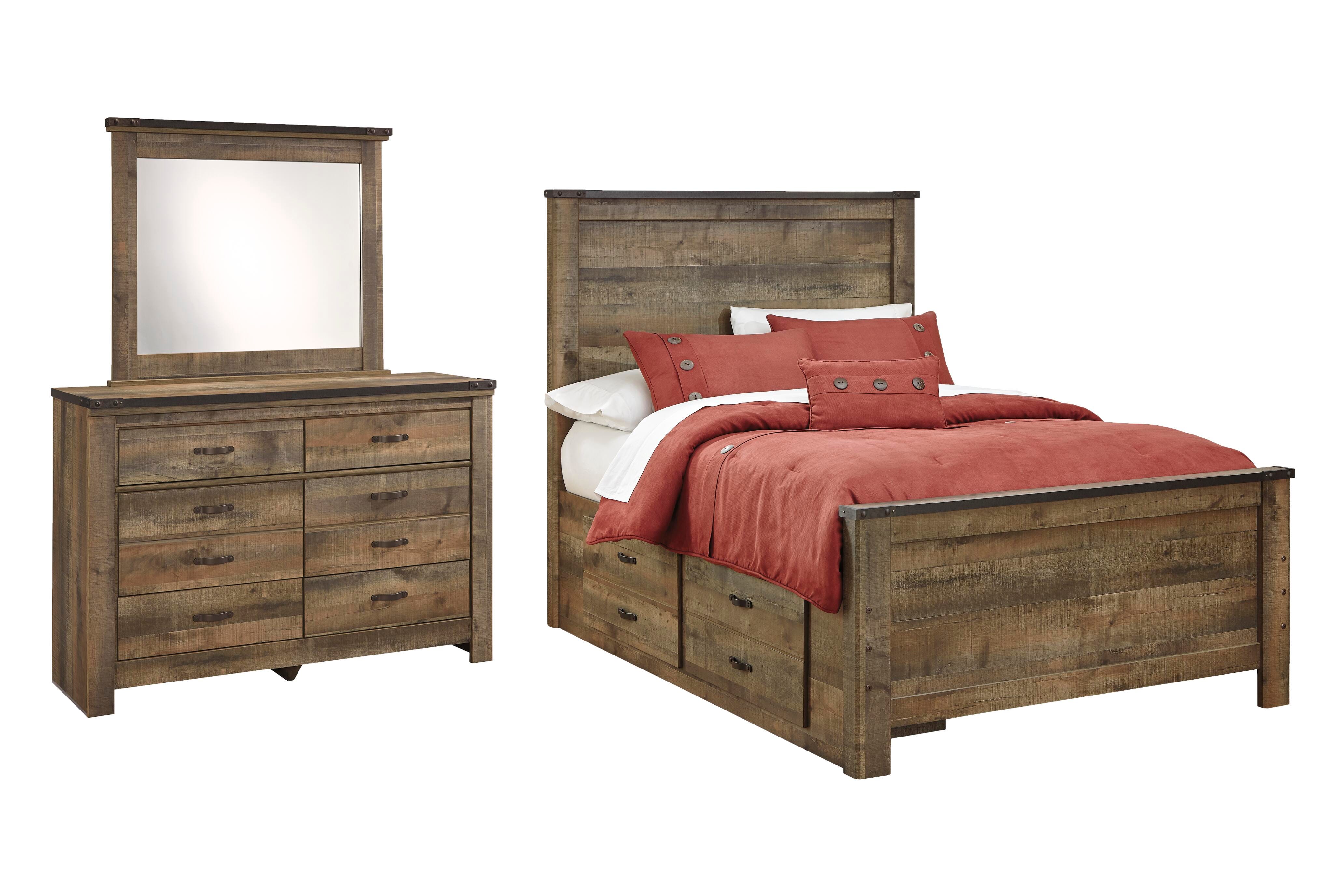 Trinell Full Panel Bed with 2 Storage Drawers with Mirrored Dresser