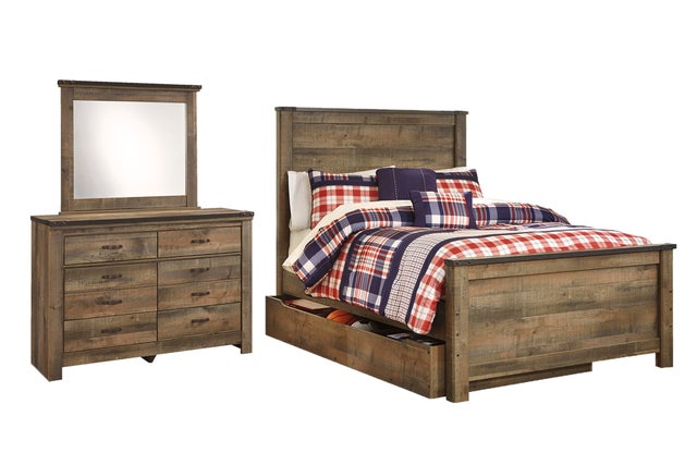 Trinell Full Panel Bed with 1 Storage Drawer with Mirrored Dresser