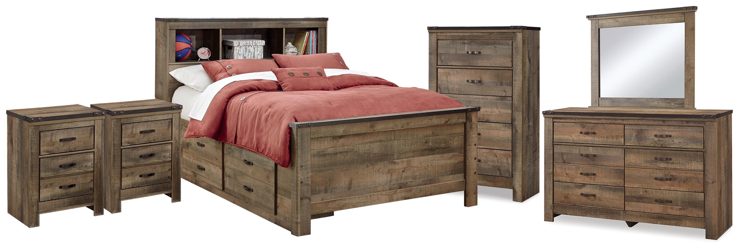 Cama Trinell con estantería completa, cómoda, espejo, baúl y 2 mesitas de noche - image 1
