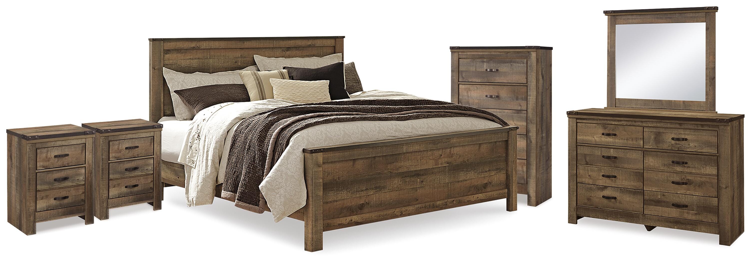 Cama de panel king Trinell. Cómoda, espejo, sinfonier y 2 mesitas de noche