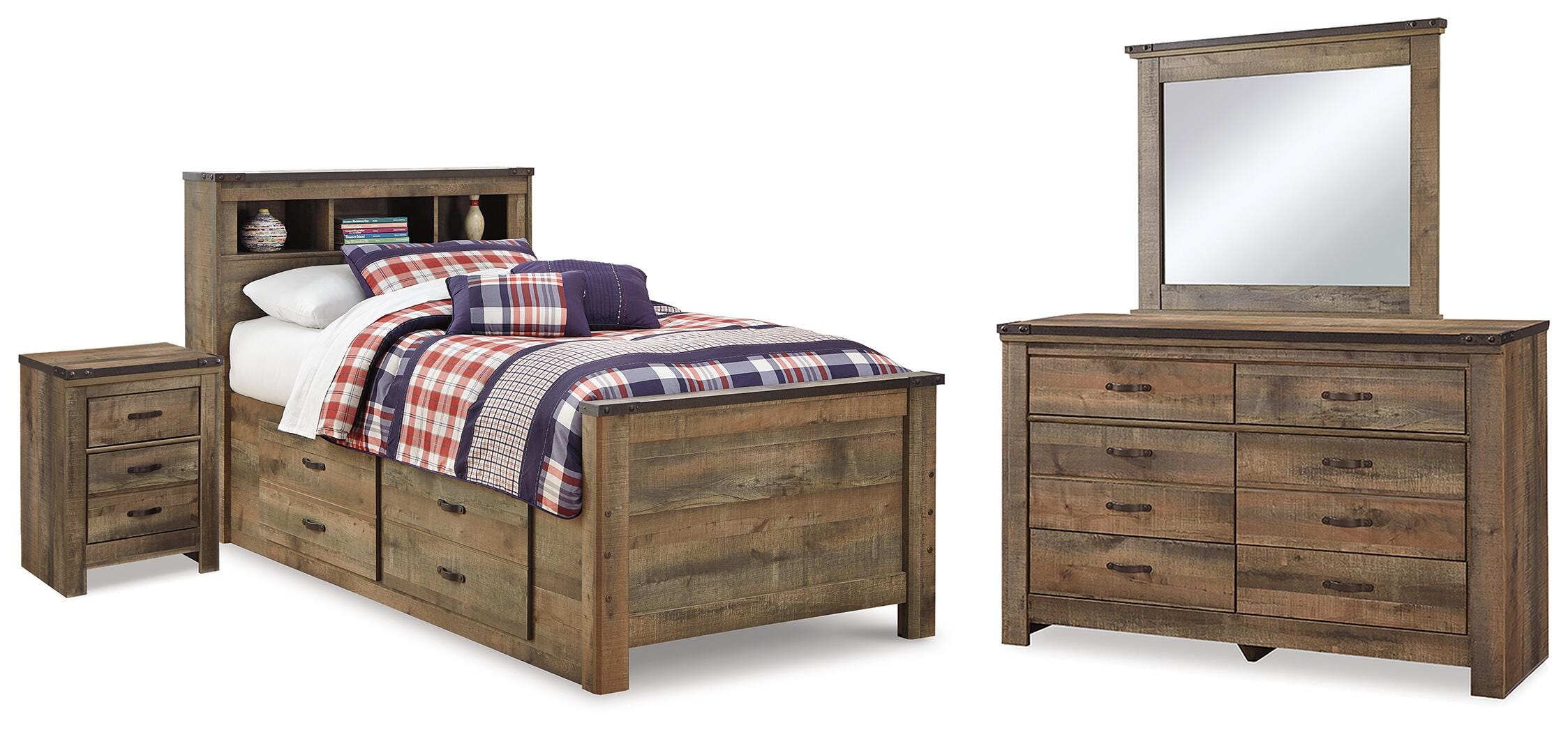 Cama doble con estantería Trinell, cómoda, espejo y mesita de noche - image 1