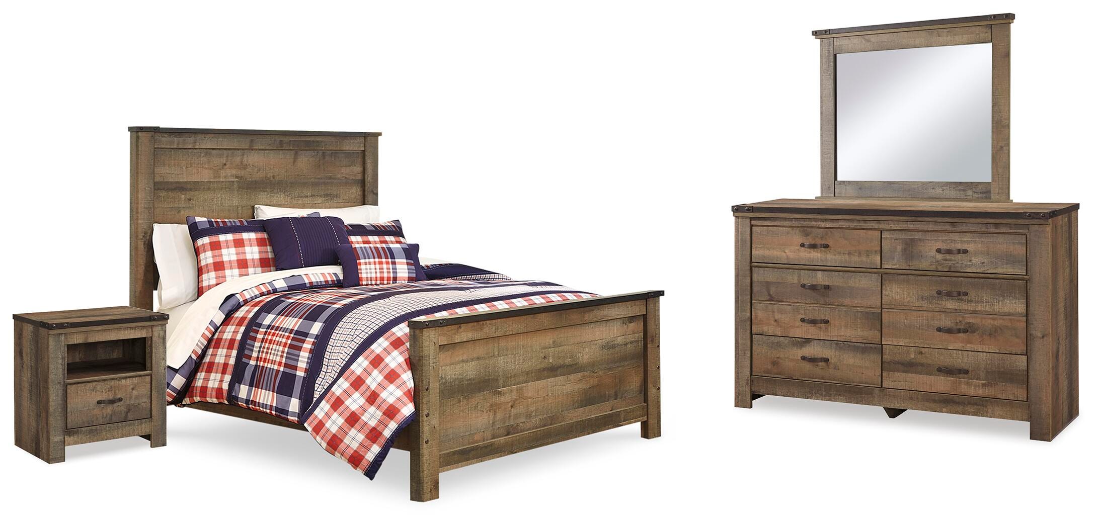 Cama con paneles, cómoda, espejo y mesita de noche Trinell - image 1