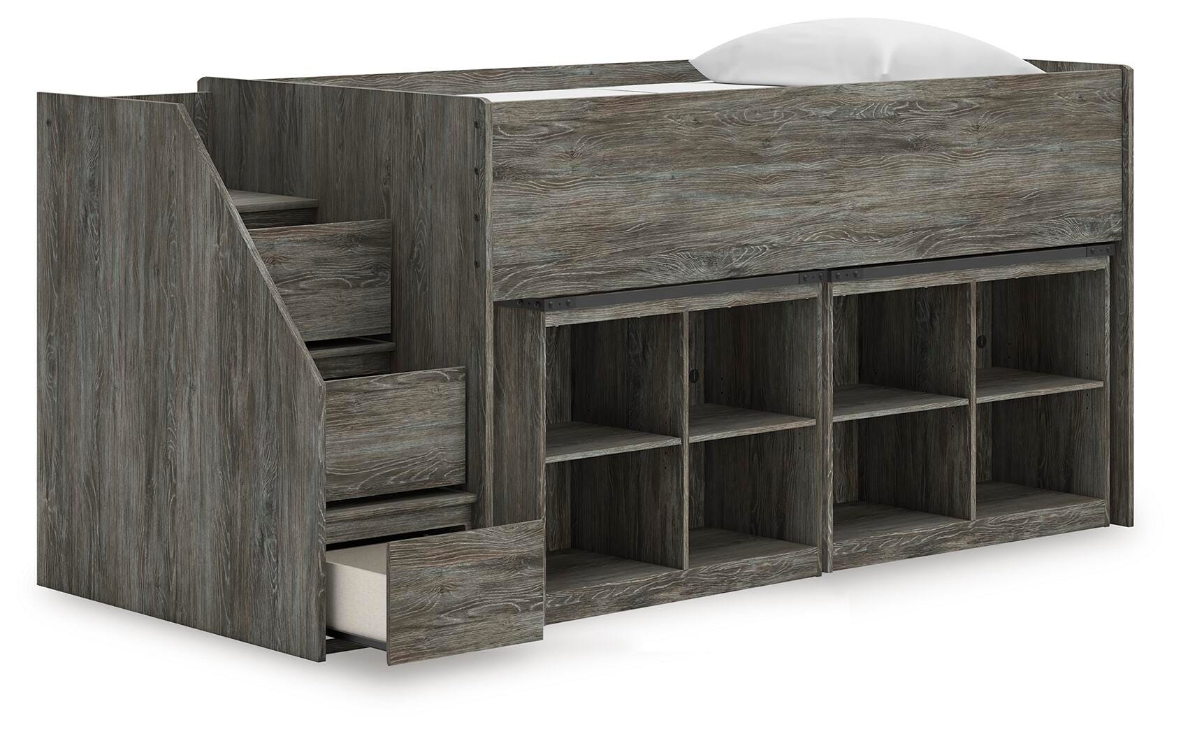 Cama alta doble Frandern con estantería y almacenamiento - image 4