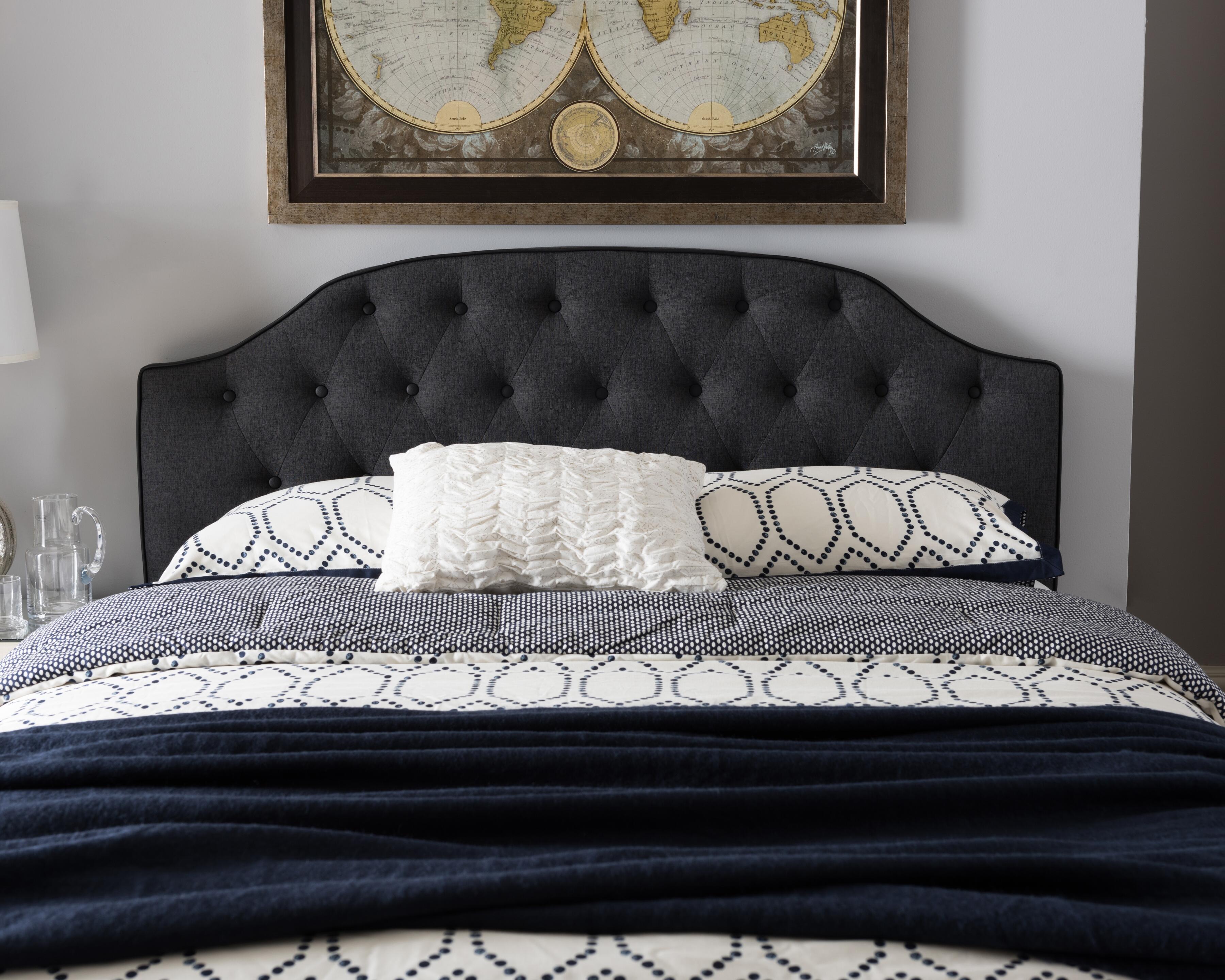 Button Tufted Upholstered Queen Headboard, Dark Gray, rollover