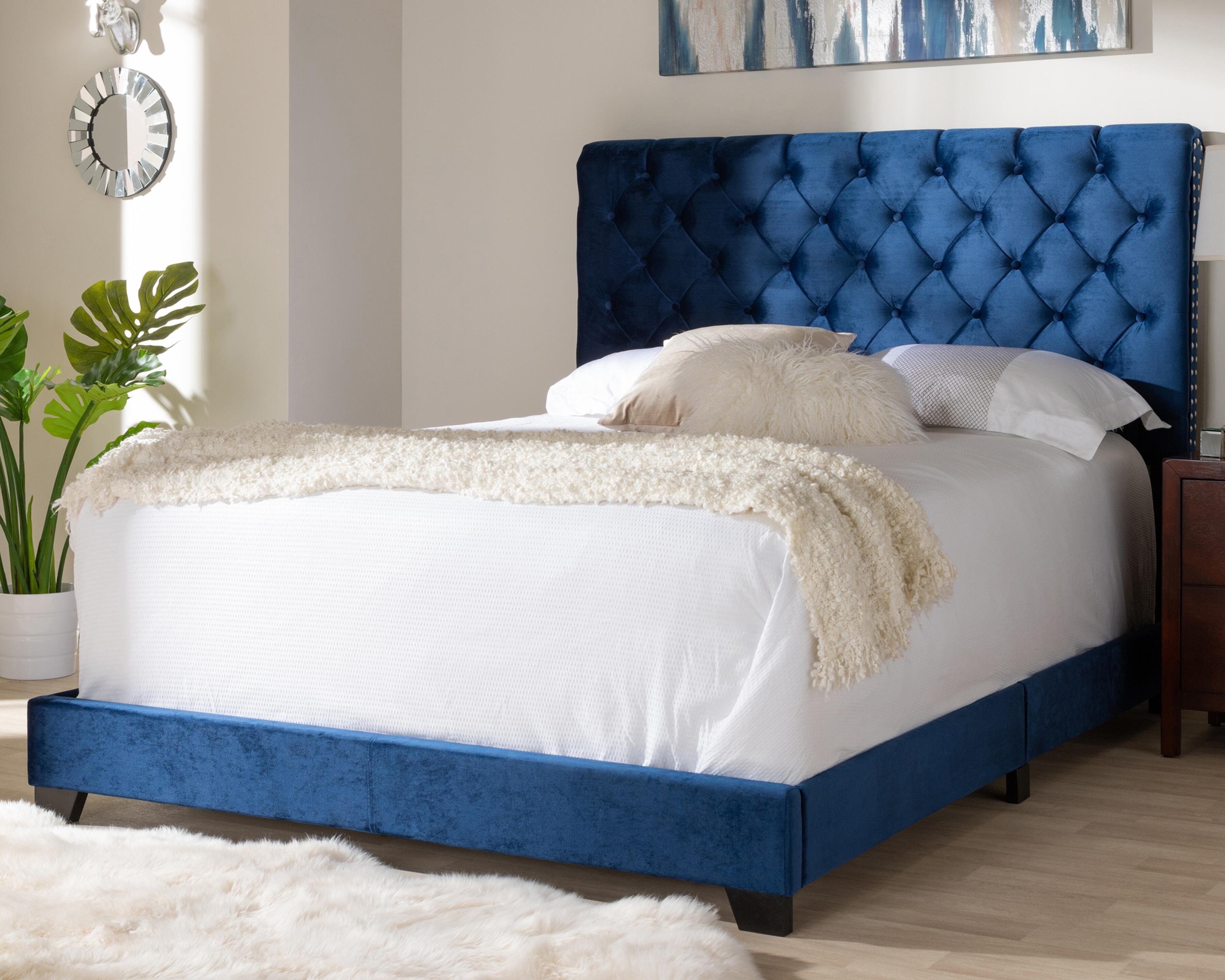 Velvet Full Upholstered Bed, Navy, rollover