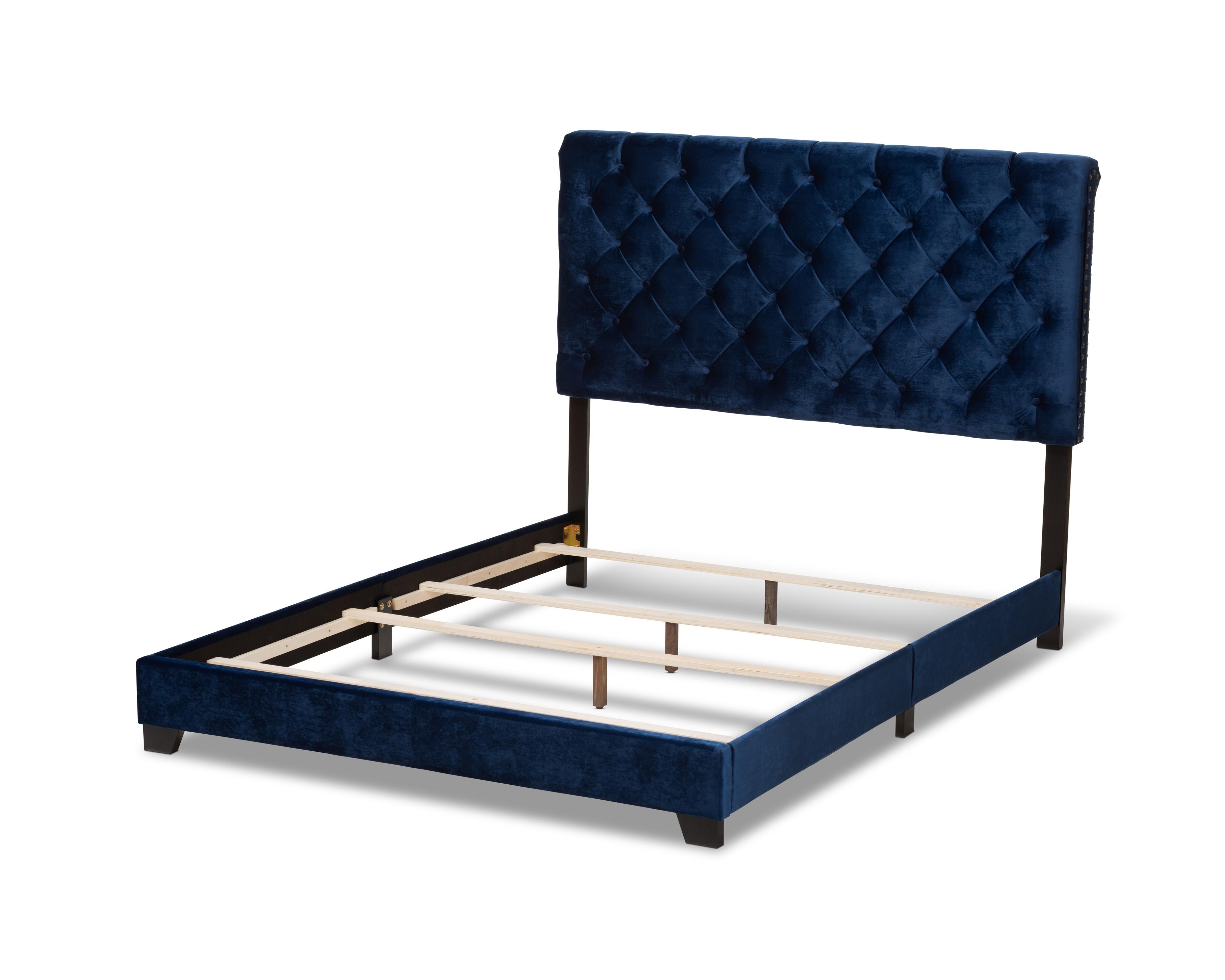 Velvet Queen Upholstered Bed, Navy, large