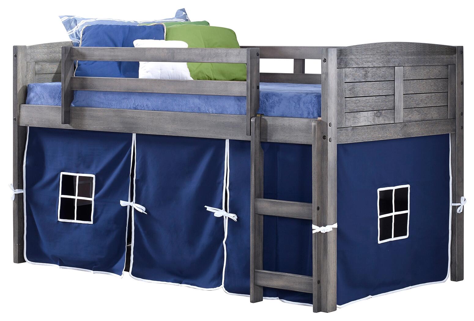 Kids Louvered Twin Low Loft Bed With Tent, Antique Gray/Blue, large