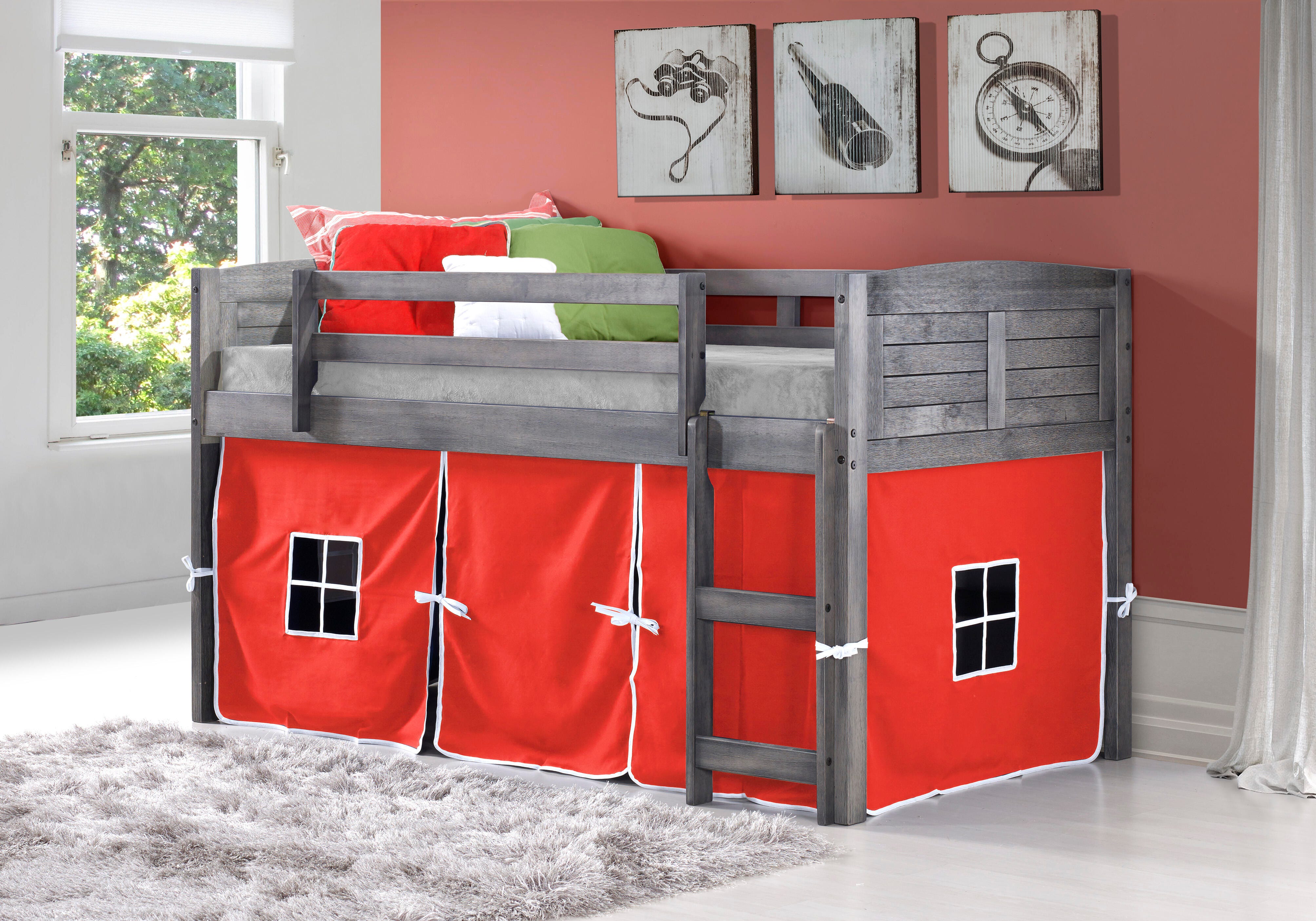 Kids Louvered Twin Low Loft Bed With Tent product photo