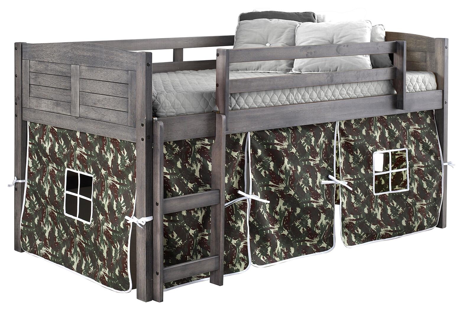 Kids Louvered Twin Low Loft Bed With Tent, Antique Gray/Green/Brown, large