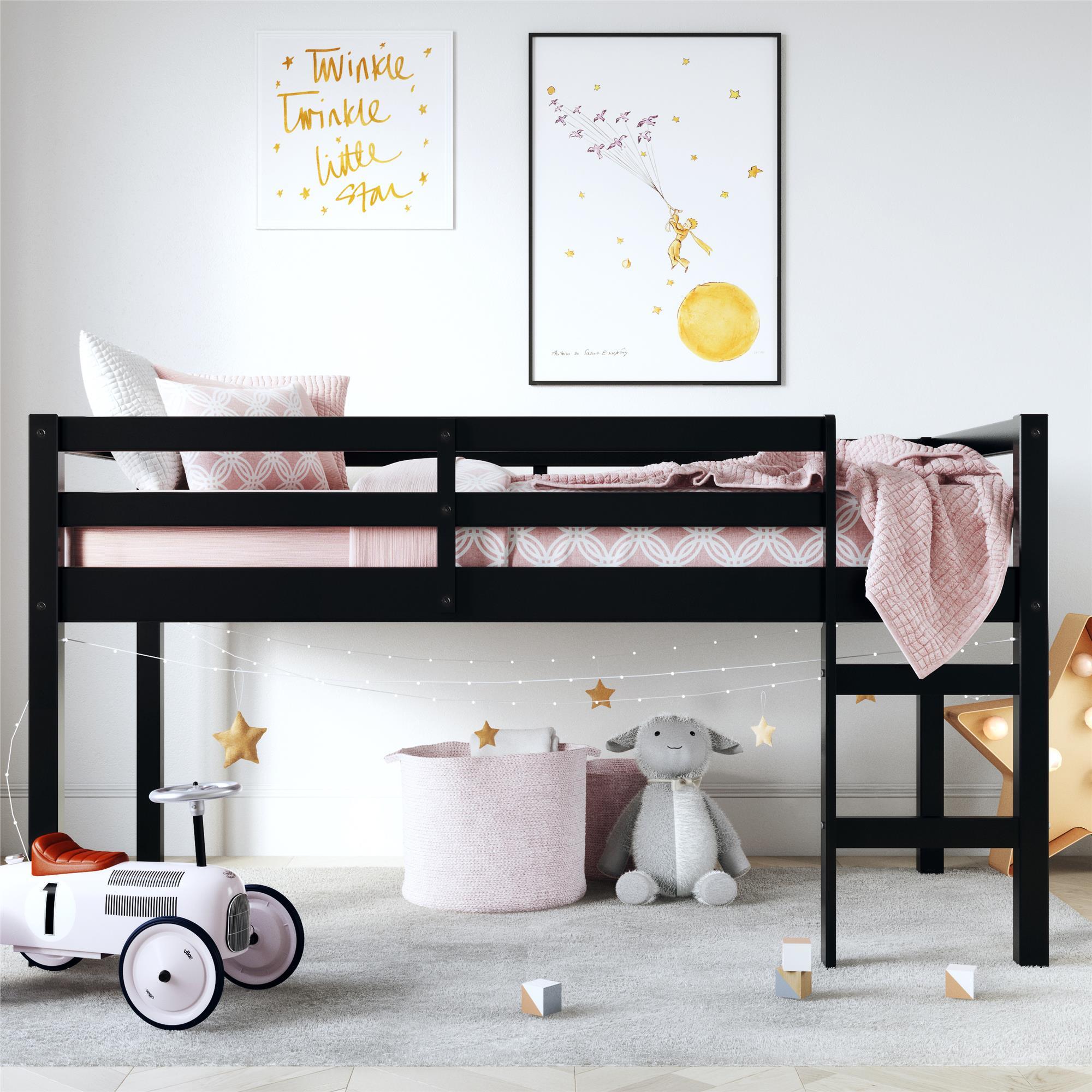 Kids Milton Junior Twin Size Wooden Loft Bed, Black, rollover