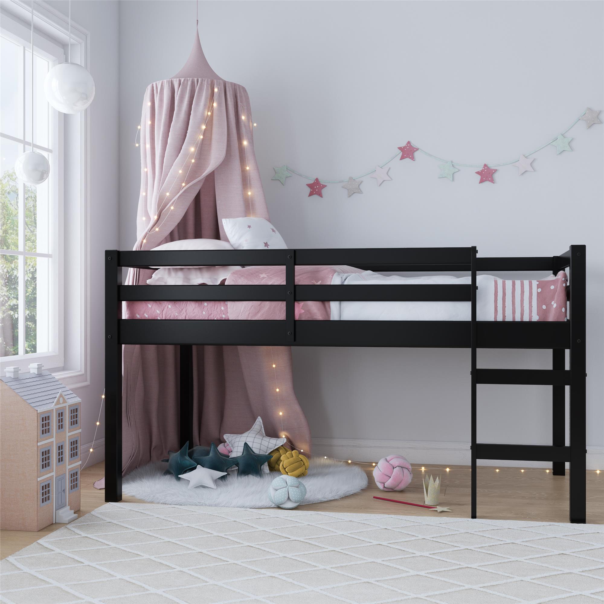 Kids Milton Junior Twin Size Wooden Loft Bed, Black, large