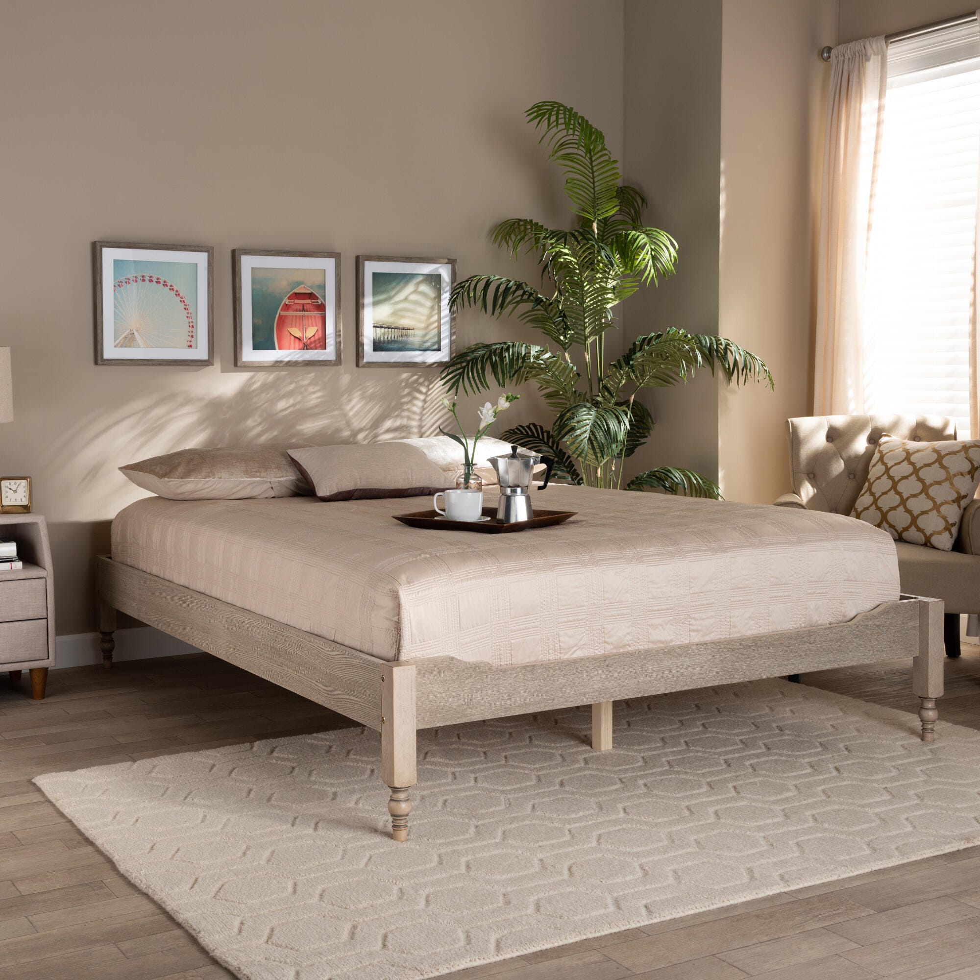 Baxton Studio Laure French Bohemian Antique Queen Platform Bed Frame, Light Brown, large