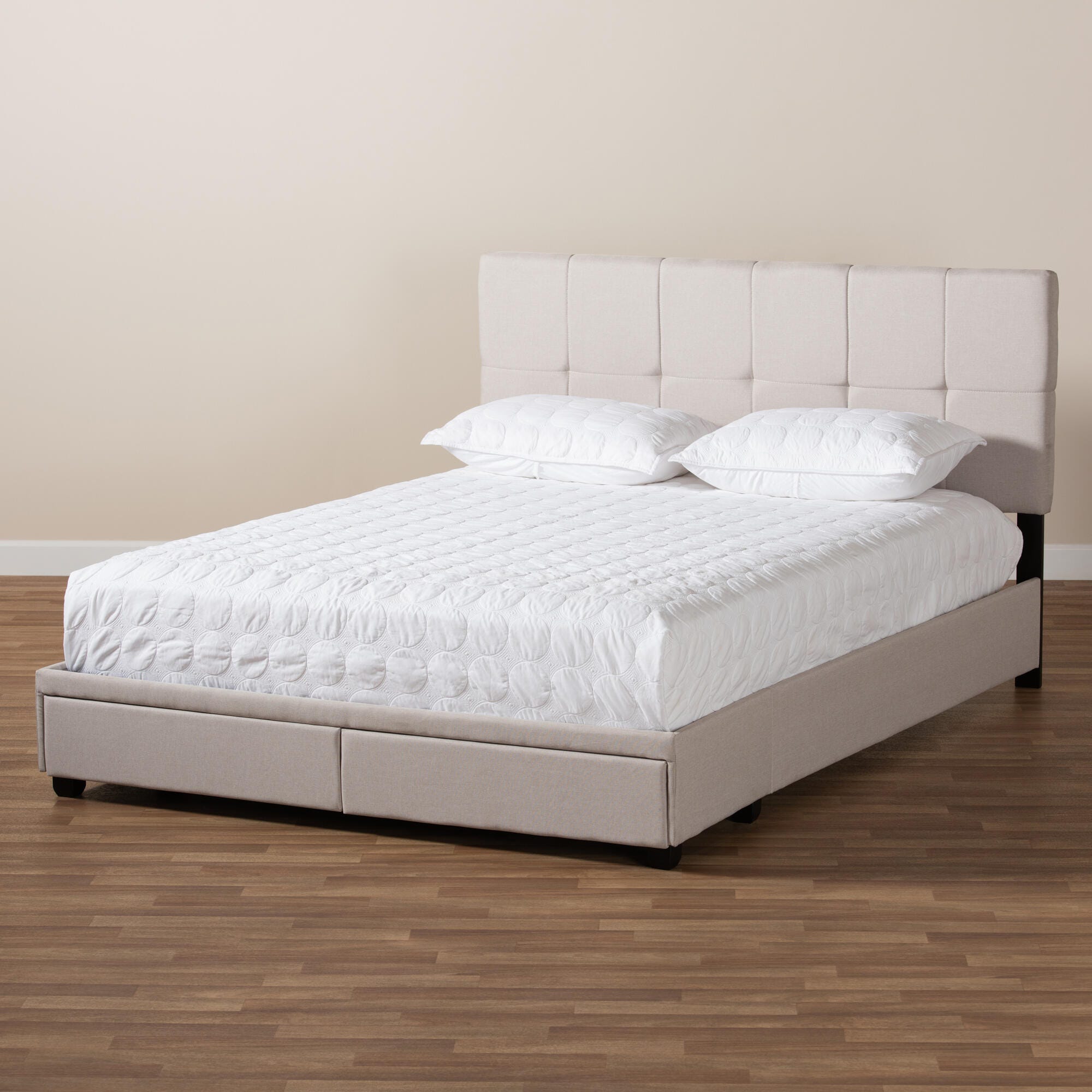 Baxton Studio Netti Upholstered 2-Drawer Queen Platform Storage Bed, Beige, large