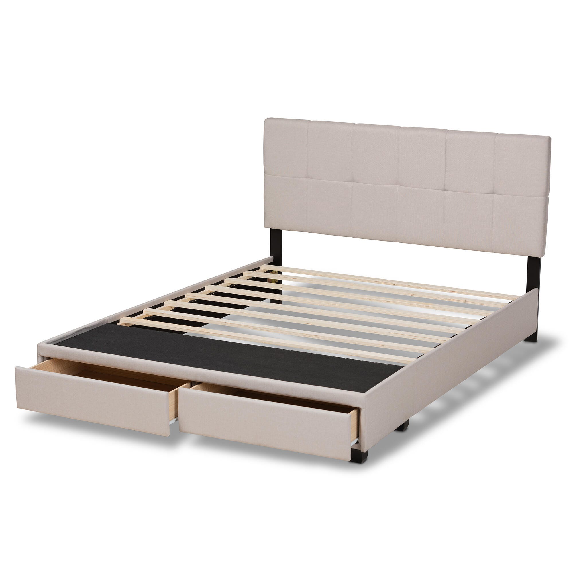 Baxton Studio Netti Upholstered 2-Drawer Queen Platform Storage Bed, Beige, large