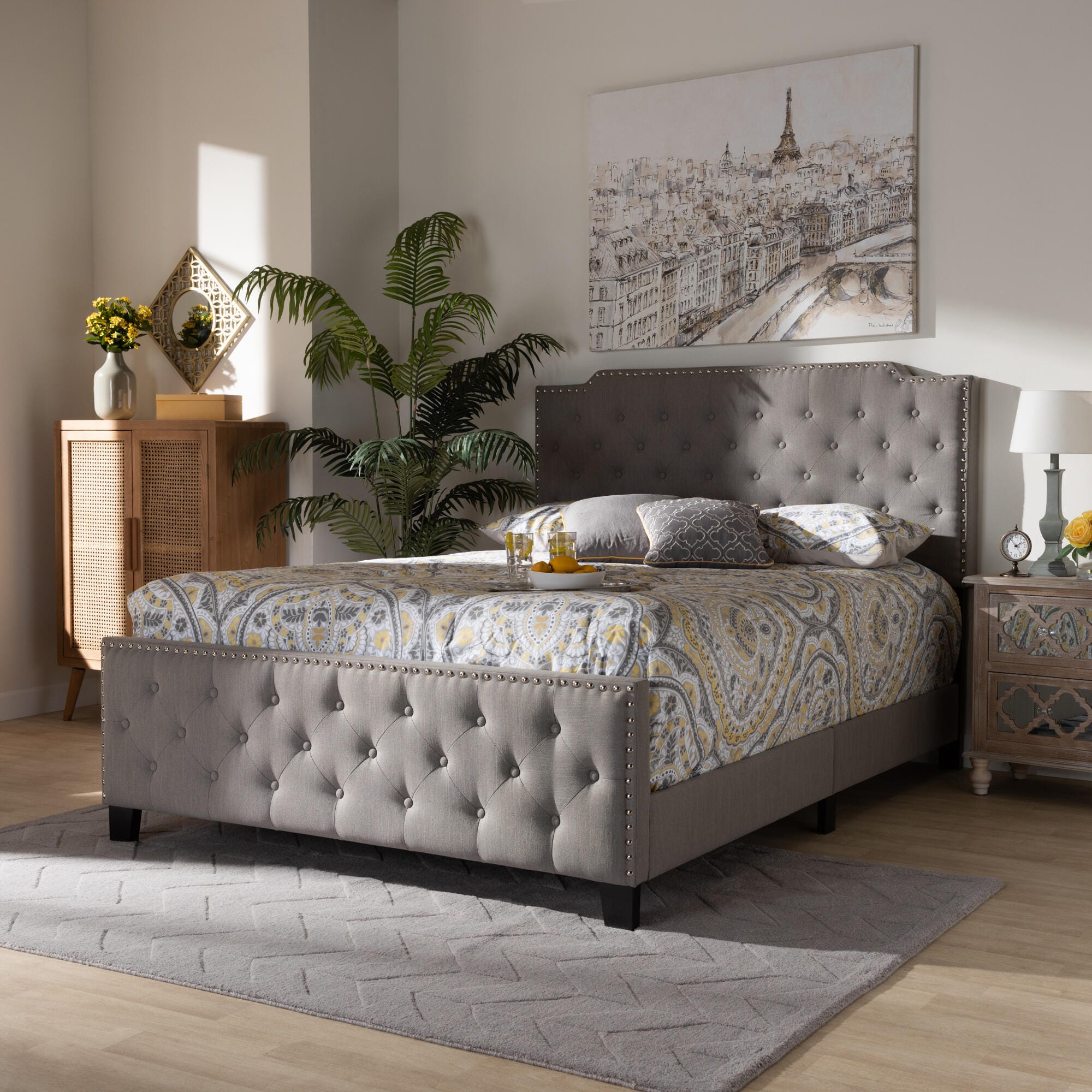 Baxton Studio Marion Upholstered Button Tufted King Panel Bed, Gray, large